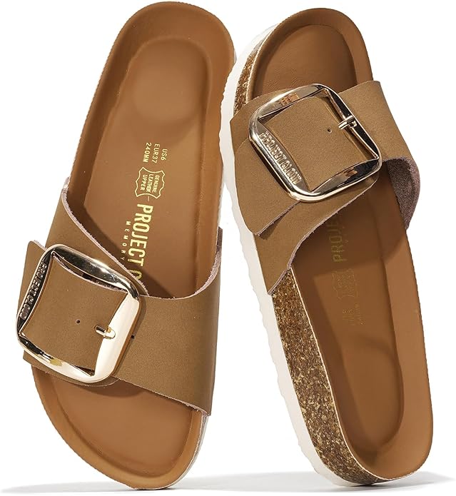 Project Cloud Mykonos leather sandals, brown, gold buckle, cork footbed, summer beach