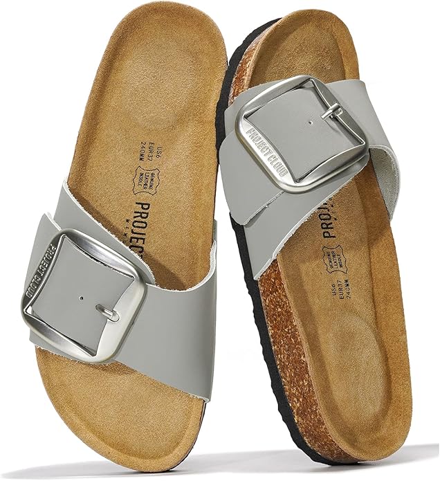 Project Cloud Mykonos leather sandals in gray with a large buckle, cork footbed, perfect for summer.