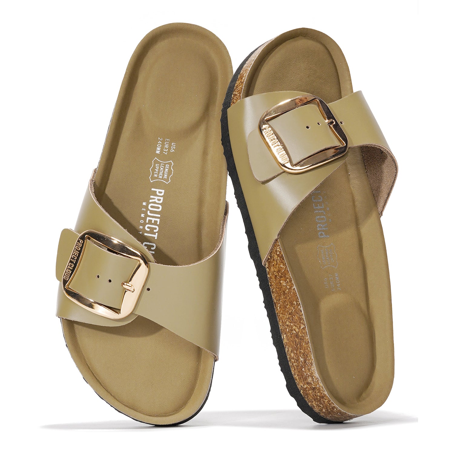 Project Cloud Mykonos Leather Sandals in olive green featuring gold buckle, cork footbed, perfect for summer beach.
