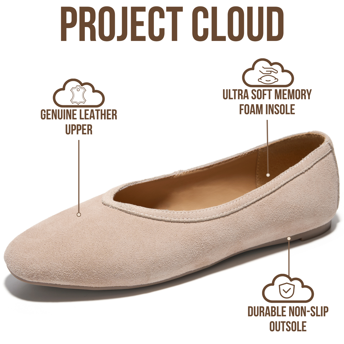 Project Cloud Women's | Genuine Leather Ballet Flats for Women | Memory Foam | Lightweight | Non-Slip - Nikki