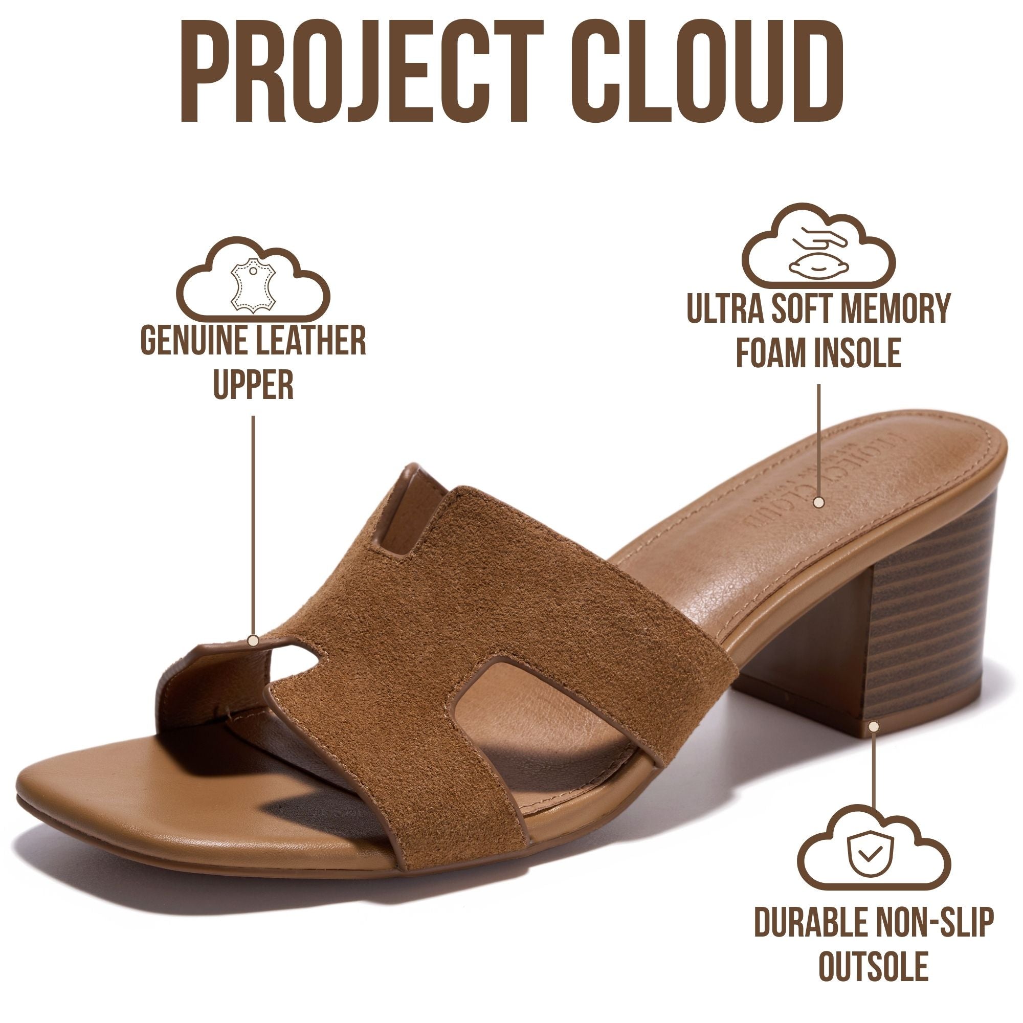 Project Cloud Women's | 100% Genuine Leather Heeled Sandals | Memory Foam | Lightweight | Non-Slip - Opal