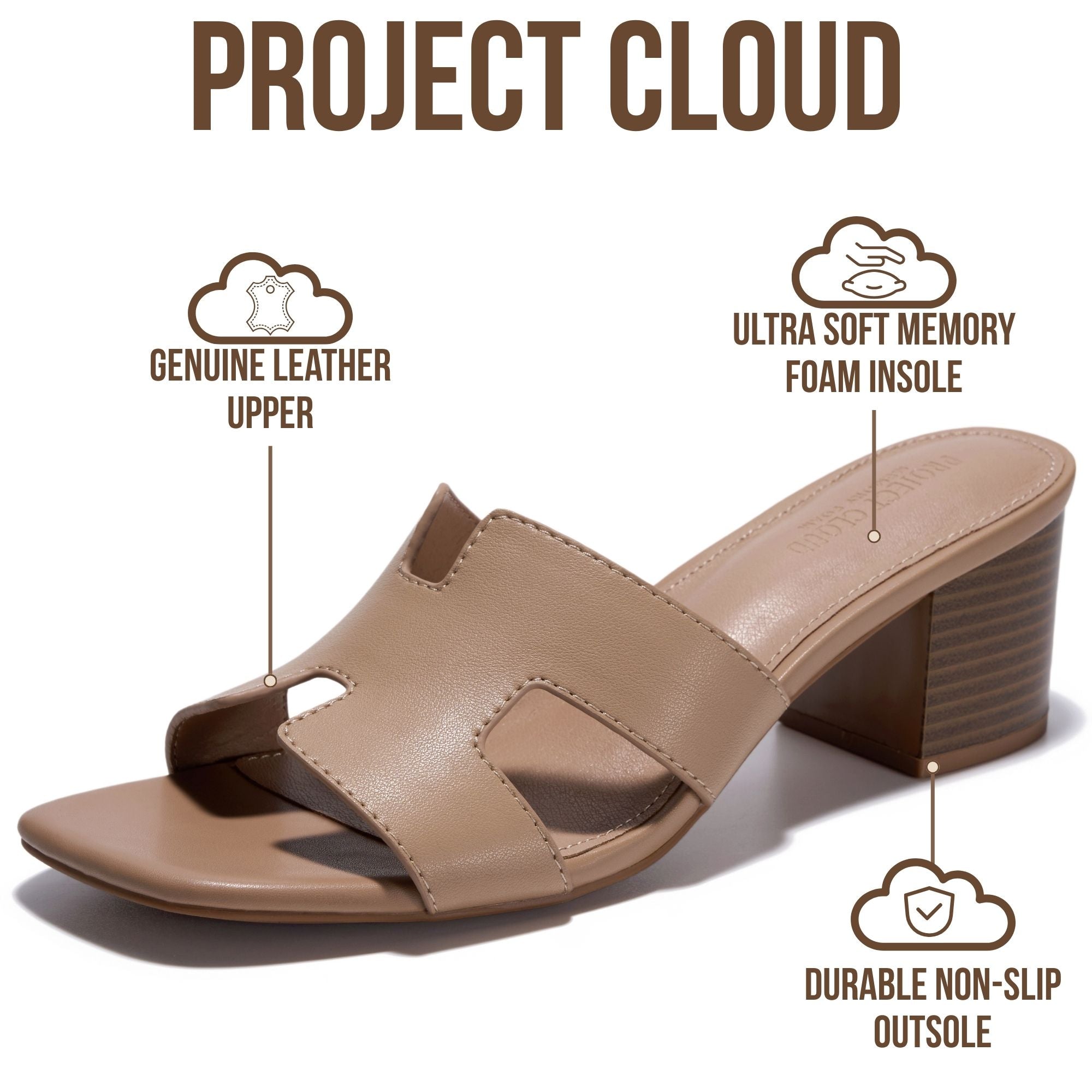 Project Cloud Women's | 100% Genuine Leather Heeled Sandals | Memory Foam | Lightweight | Non-Slip - Opal