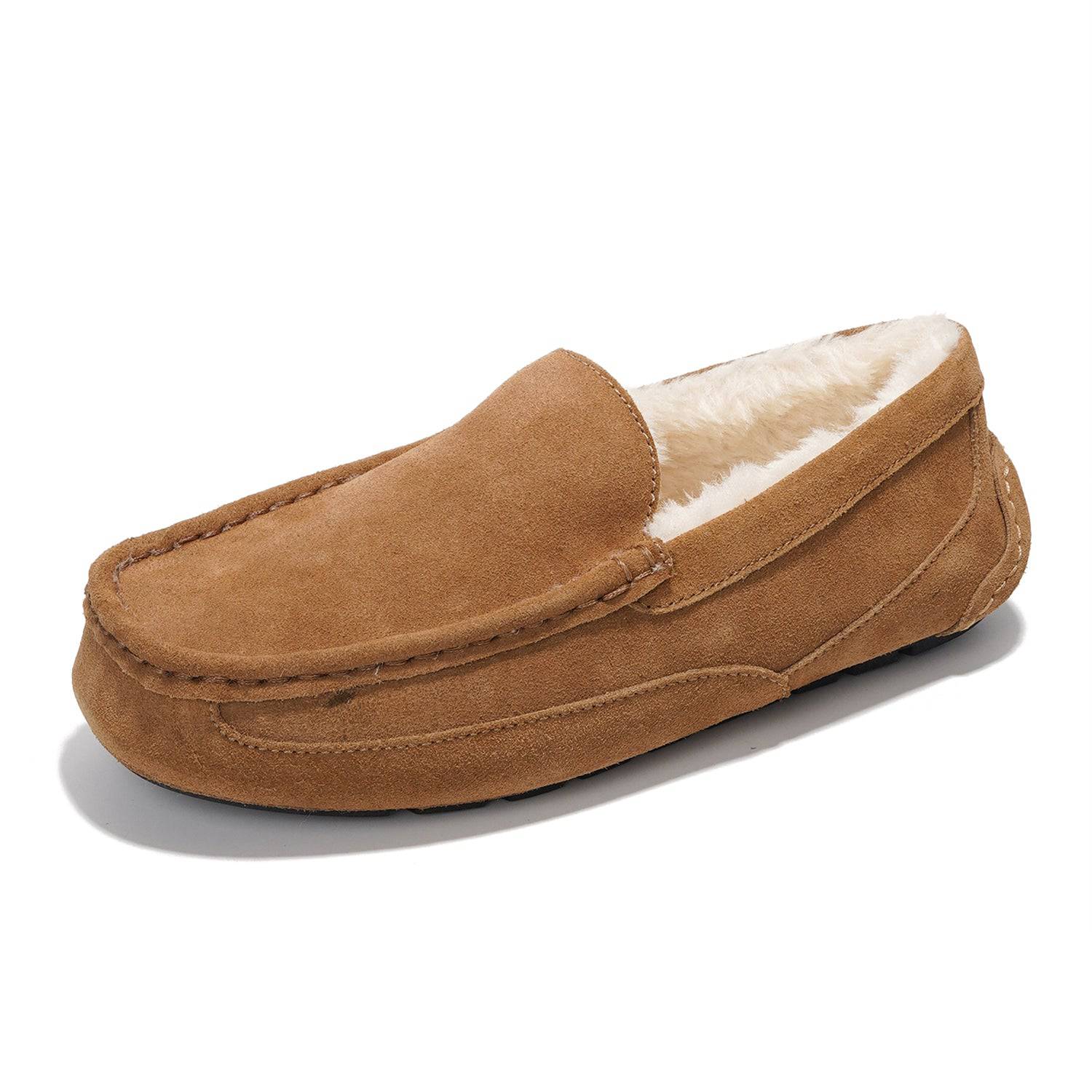 Project Cloud Oswin men's brown suede slippers with sheep fur lining and moccasin design