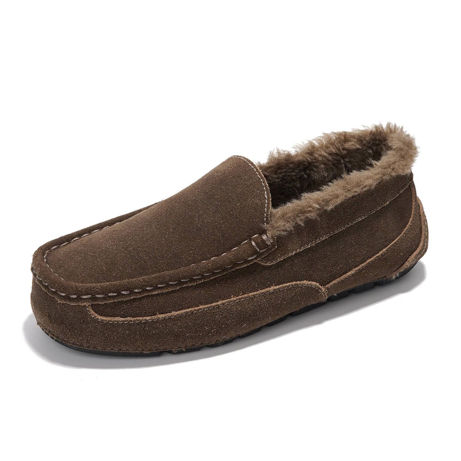 Brown suede Project Cloud Oswin men's slippers with sheep fur lining, moccasin design, and non-slip sole.