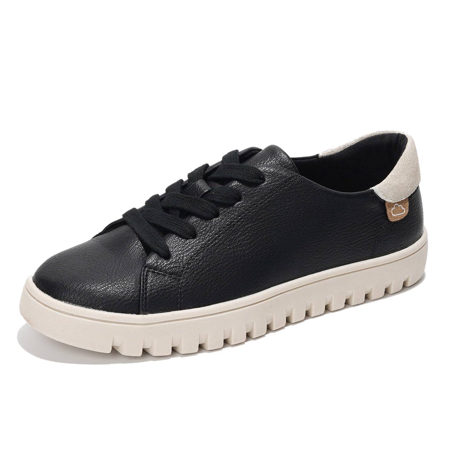 Project Cloud black vegan leather tennis shoes with cream platform sole, lace-up sneakers for women