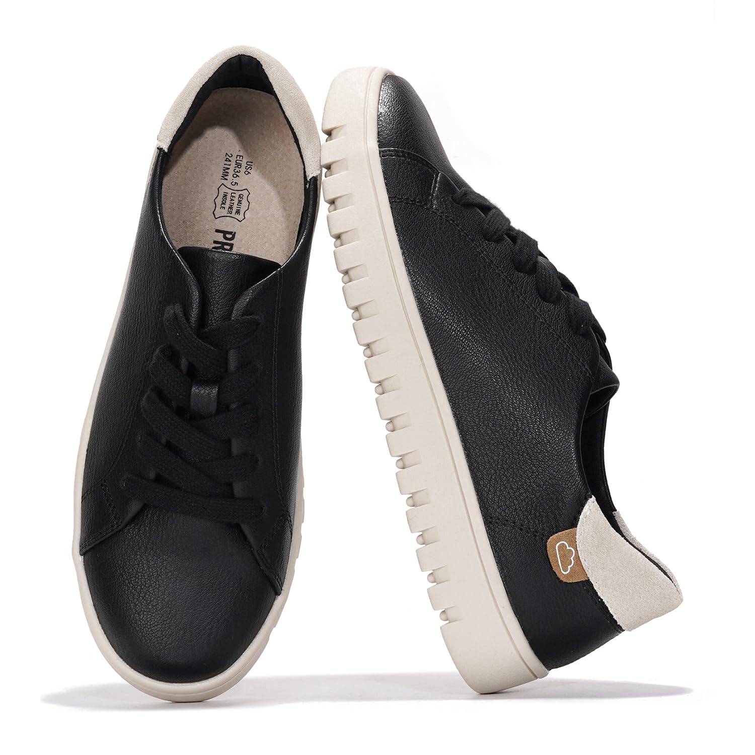 Project Cloud black leather tennis shoes with non-slip sole and memory foam for women