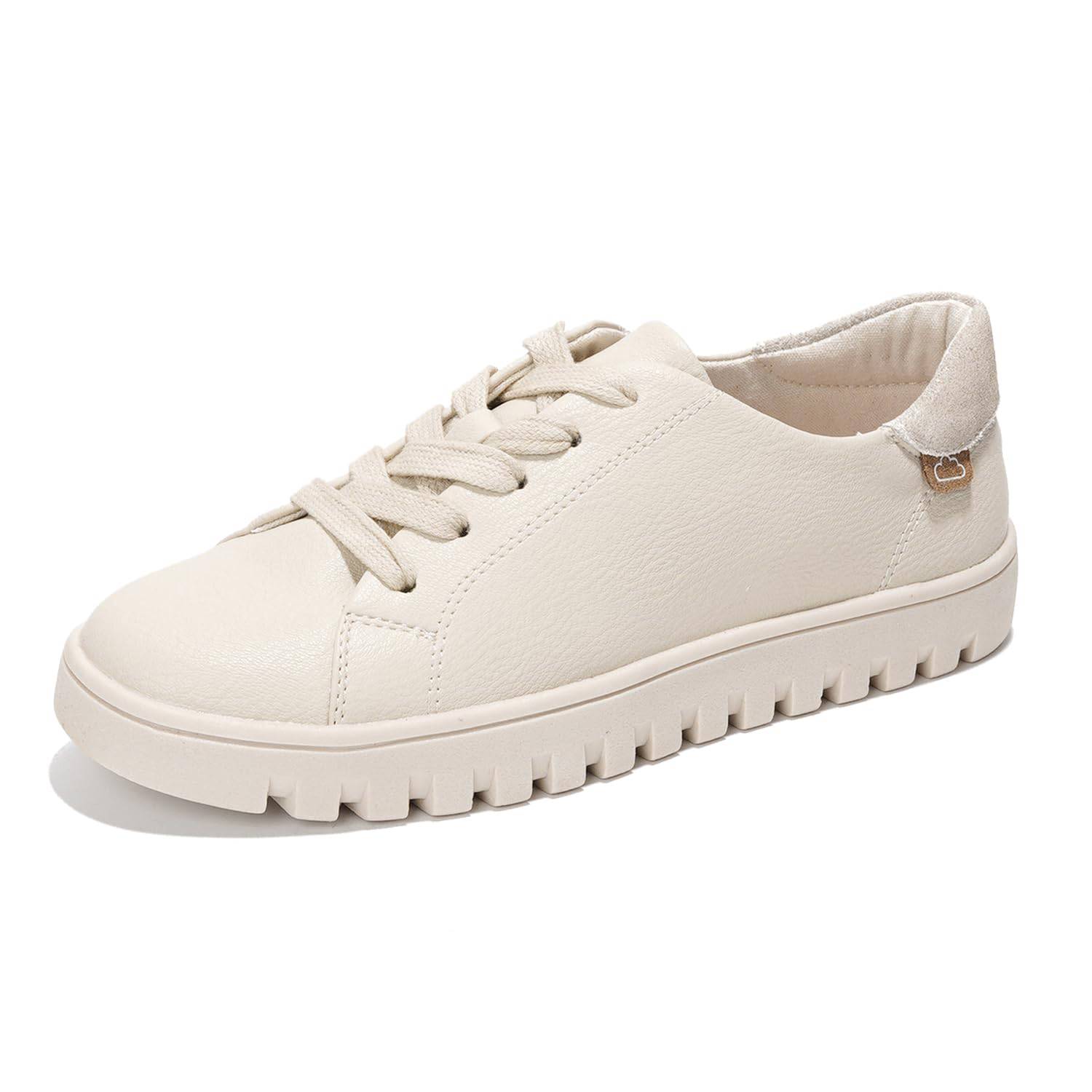 Beige vegan leather Project Cloud sneakers for women, lace-up platform, non-slip sole.