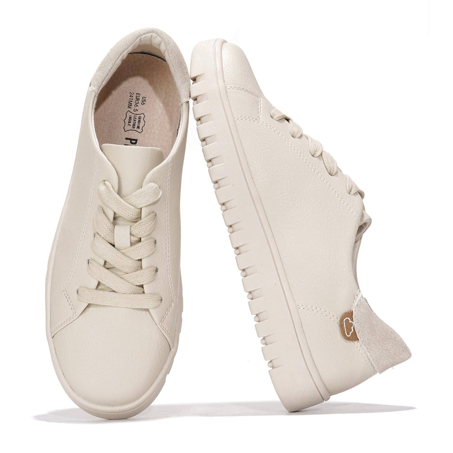 Project Cloud Women's Beige Vegan Leather Sneakers - Lace-up platform, non-slip sole