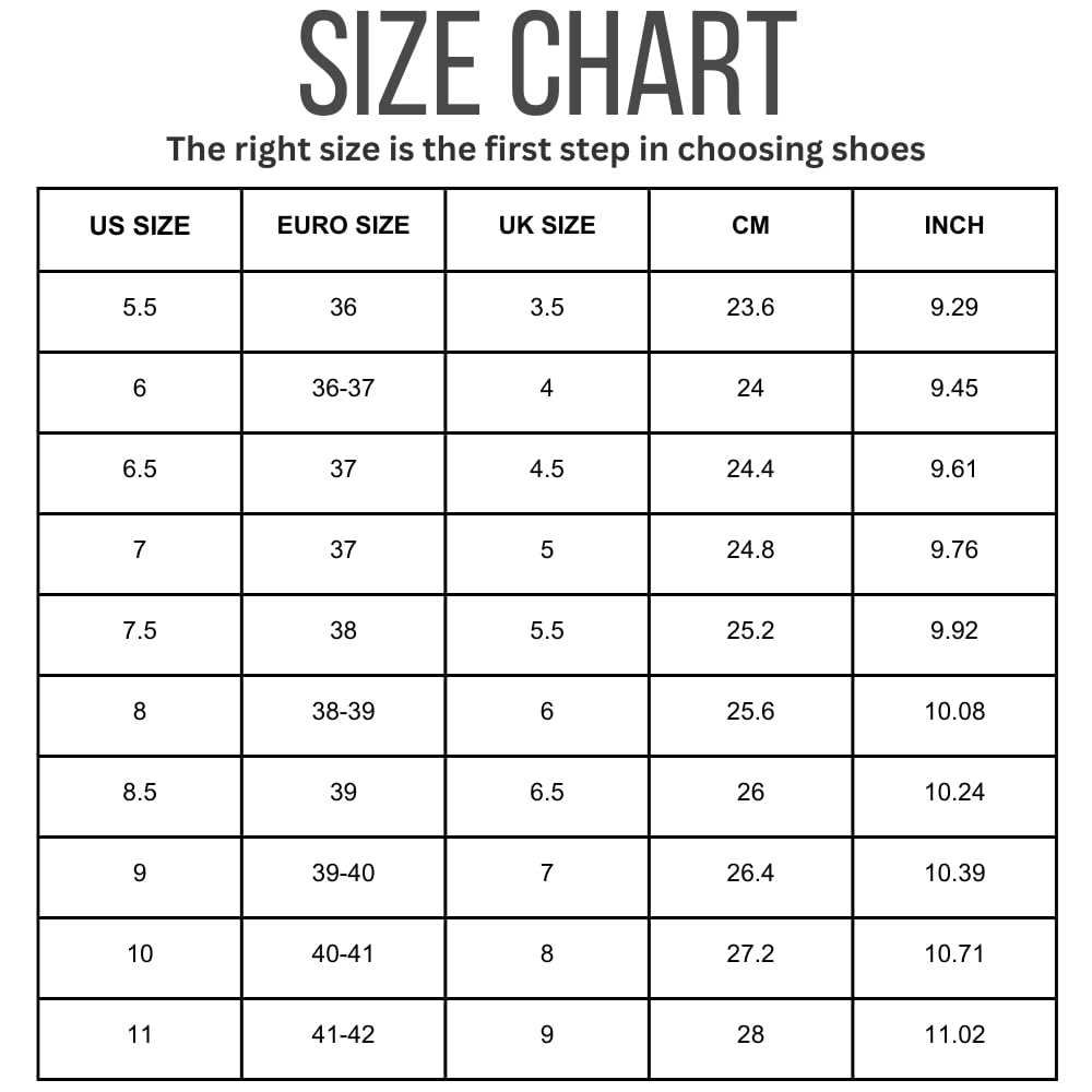 Project Cloud shoe size chart, featuring US, Euro, UK sizes, centimeters, and inches for proper footwear selection.