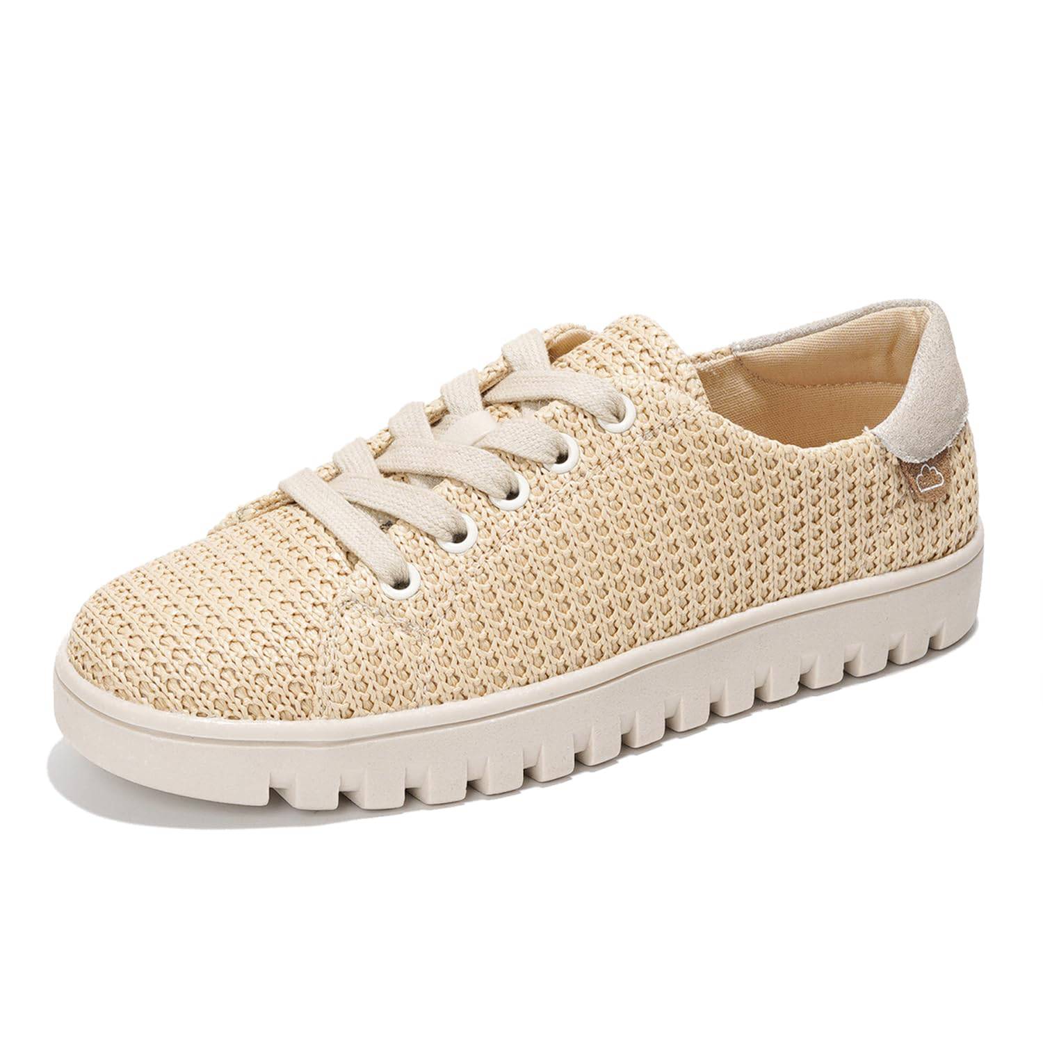Project Cloud Paisley Tennis Shoes: Beige woven platform sneakers with memory foam, lace-up design, and non-slip sole.