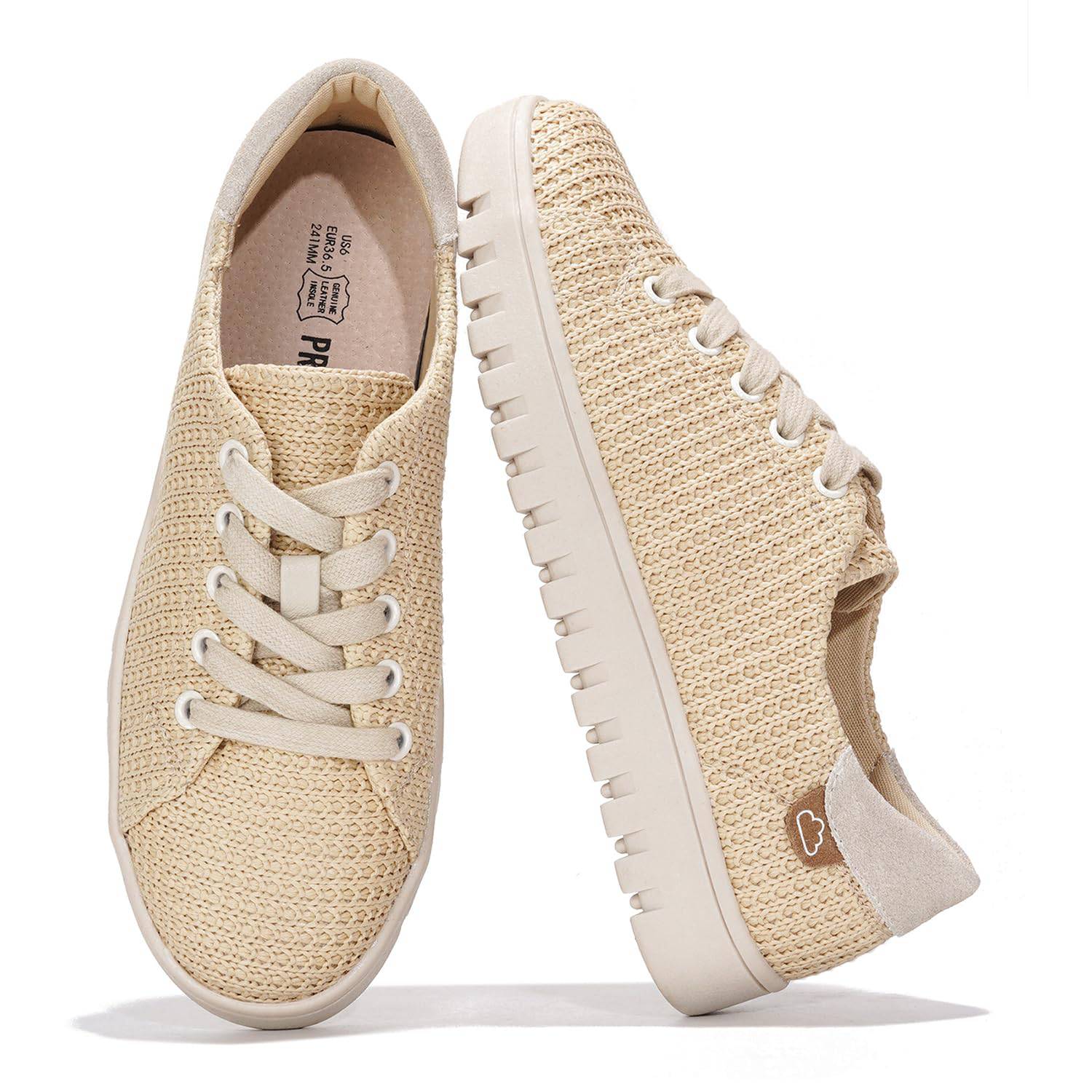 Beige woven Project Cloud tennis shoes with memory foam, lace-up platform sneakers, non-slip sole