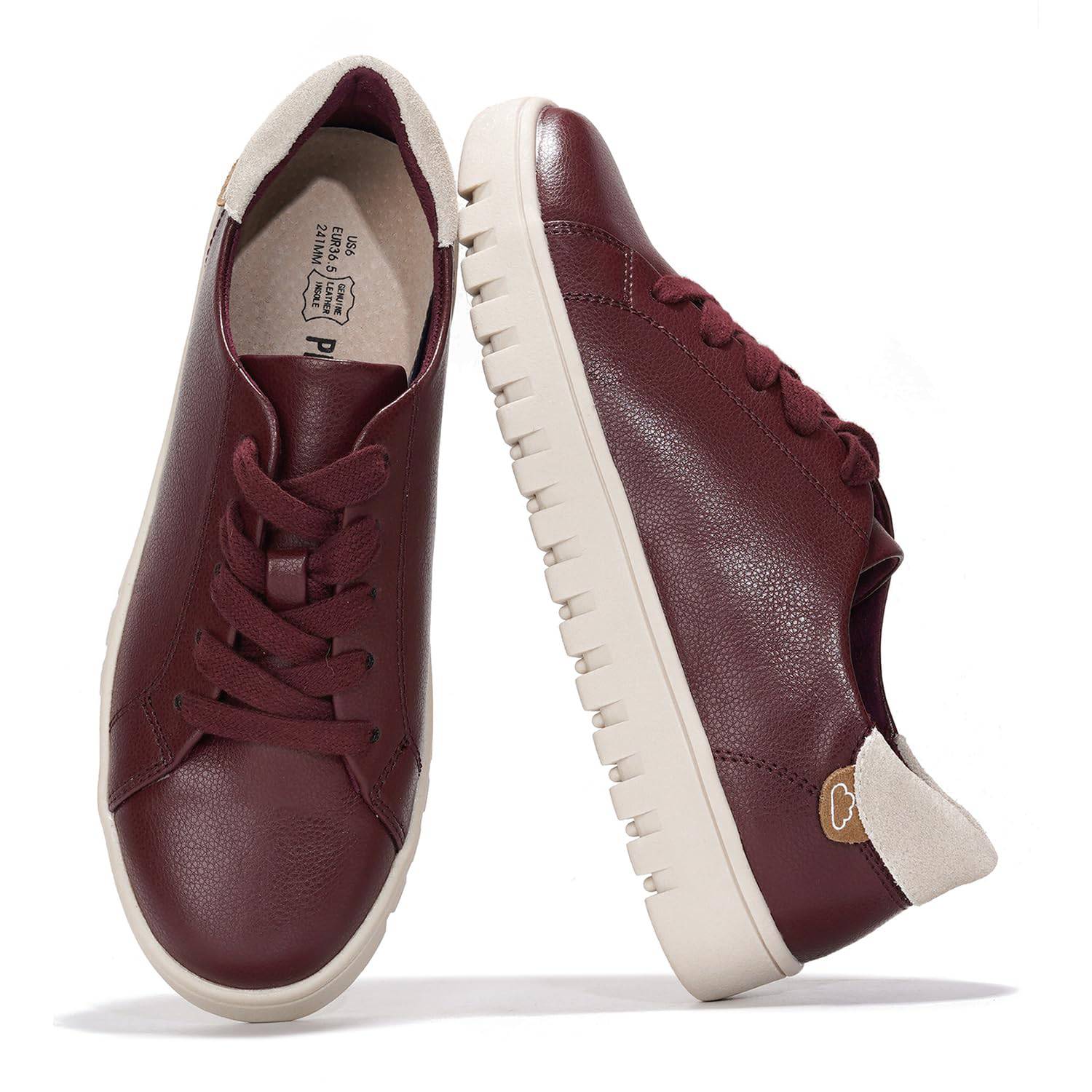 Project Cloud burgundy leather sneakers for women, lace-up design, memory foam, non-slip sole, comfort and style.