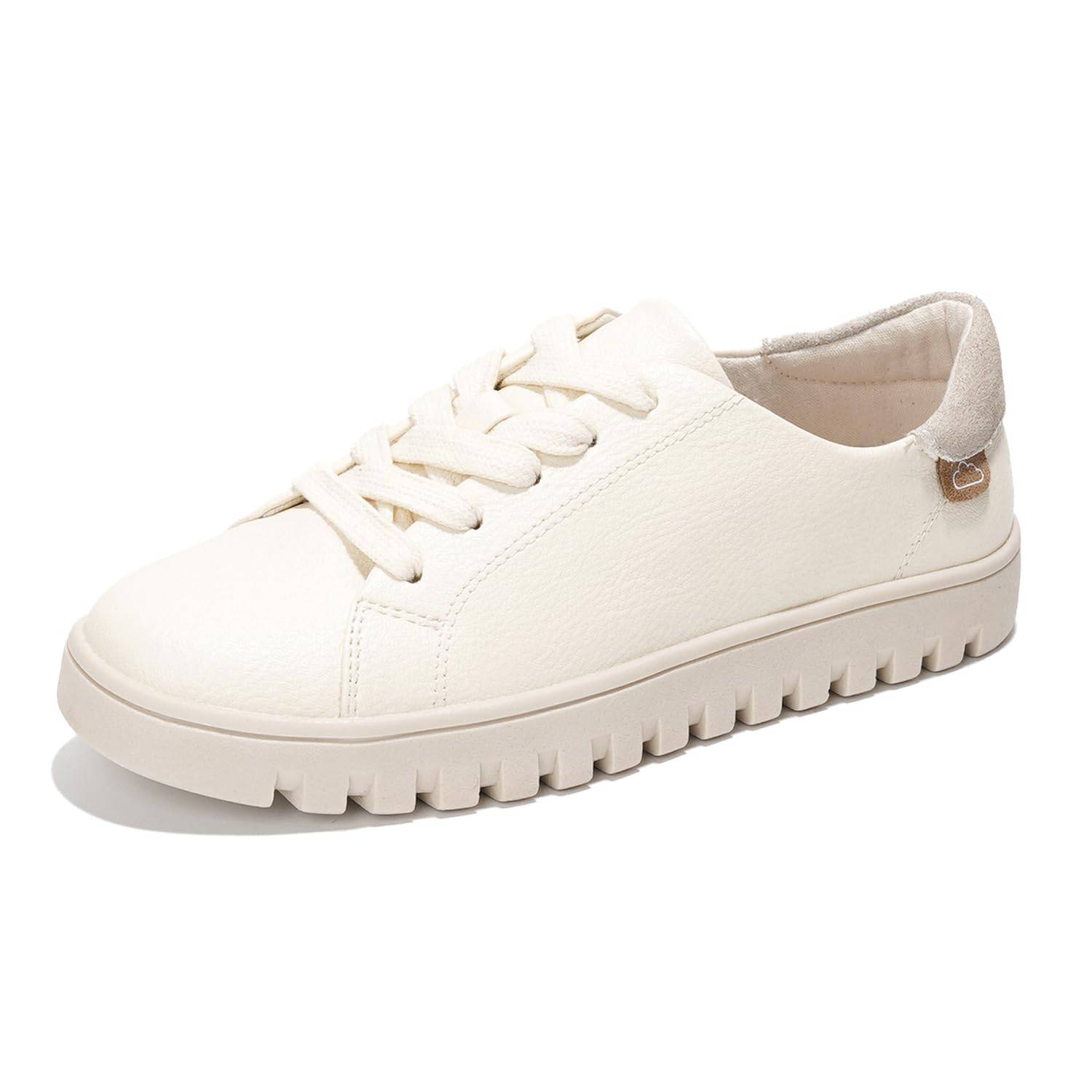 Project Cloud women's cream platform sneakers, vegan leather, lace-up design, and non-slip sole.