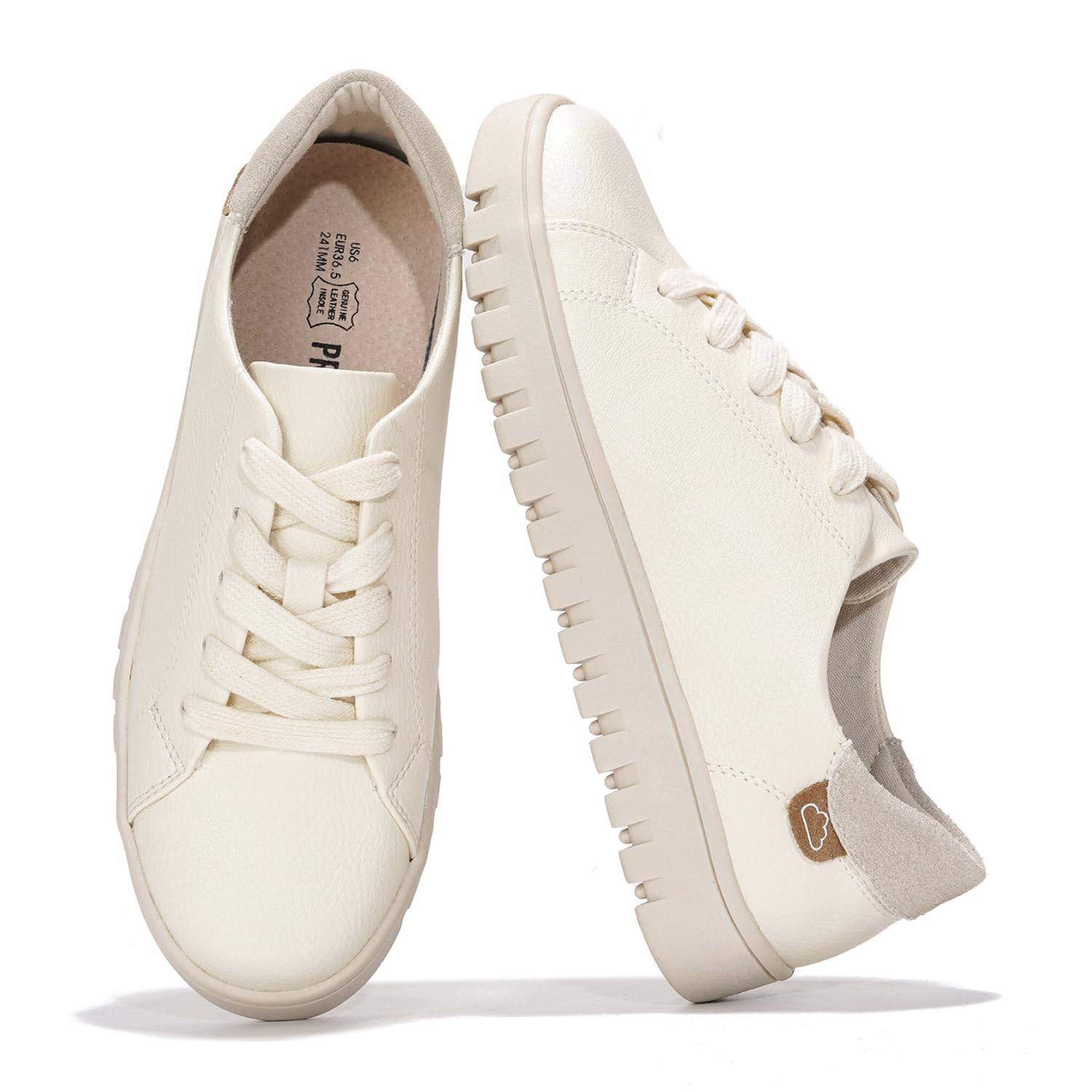 Project Cloud Women's Beige Vegan Leather Sneakers - Lace-up platform, non-slip sole, comfortable and stylish.