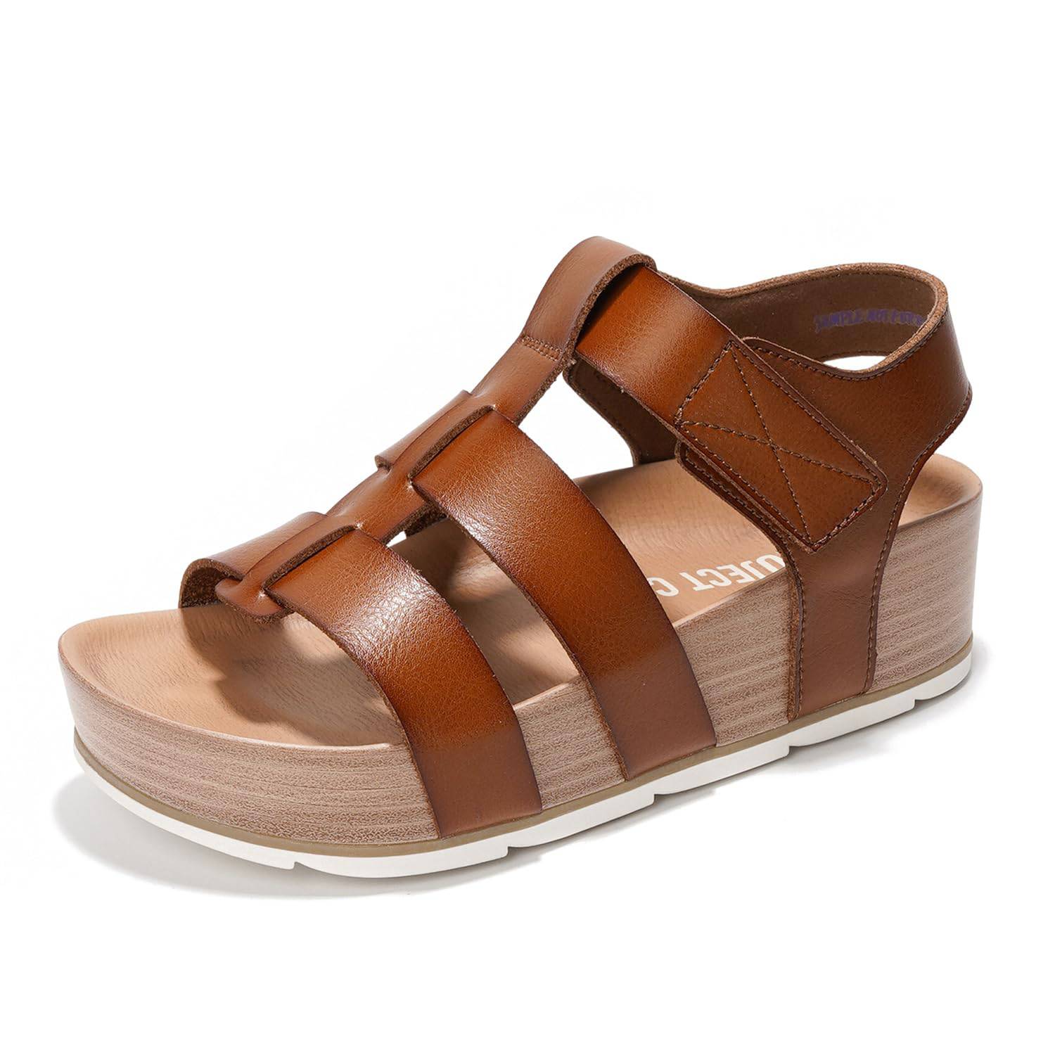 Project Cloud brown platform sandals for women. Vegan leather, adjustable straps, memory foam, wedge.