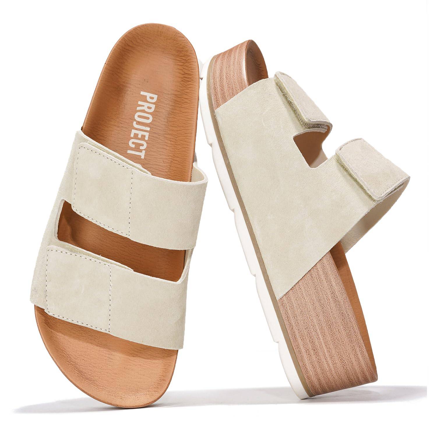 Project Cloud "Pismo" Platform Sandals in Off-White: Genuine suede straps, cork wedge, memory foam insole, and non-slip sole.