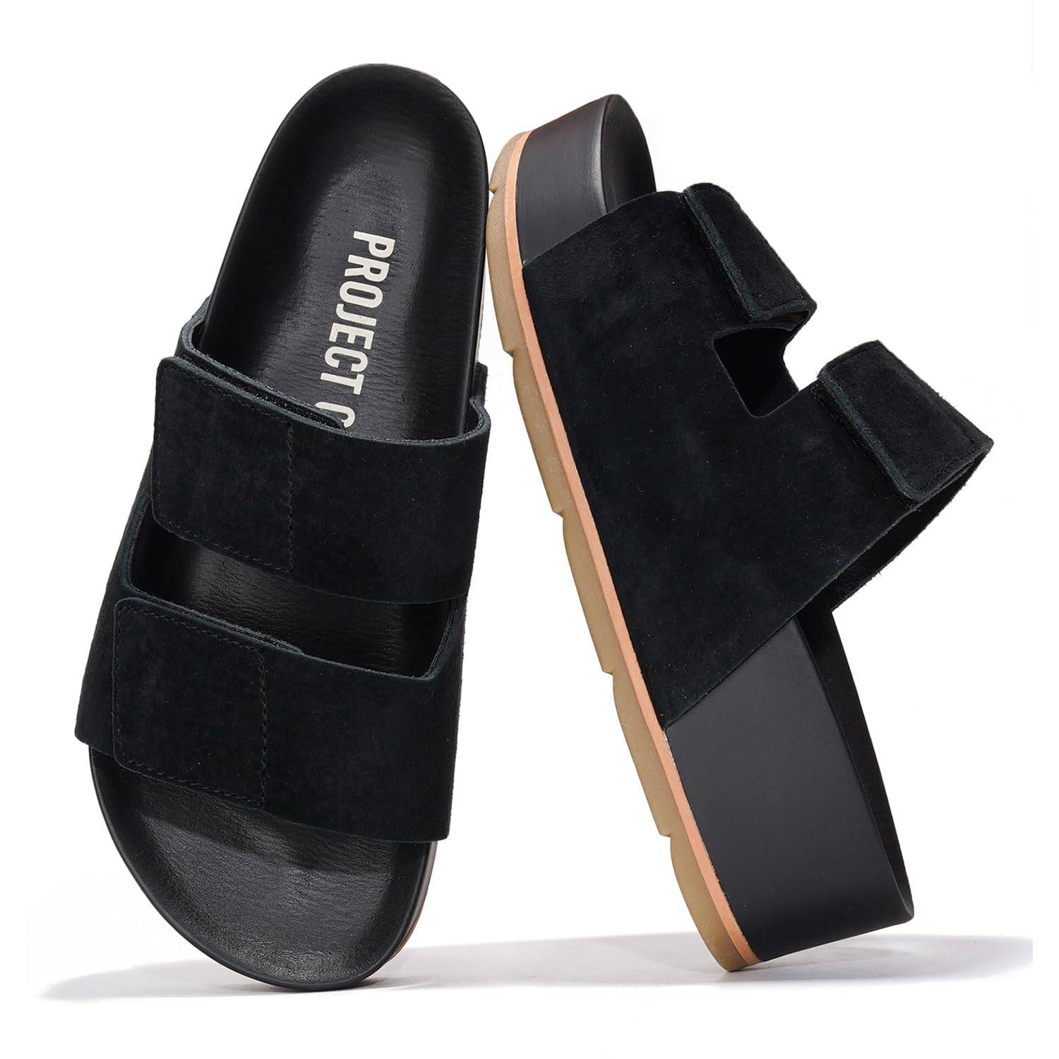 Project Cloud Pismo Platform Sandals in Black: Suede straps, memory foam insole, non-slip wedge sandals