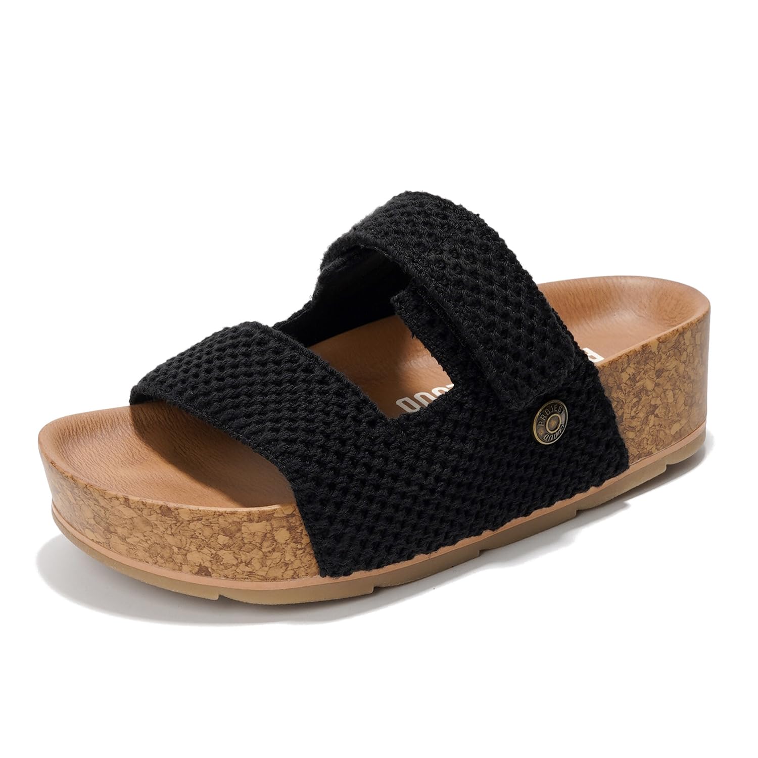 Project Cloud Prime Black Platform Sandals with Knitted Upper, Cork Platform, featuring memory foam and non-slip sole