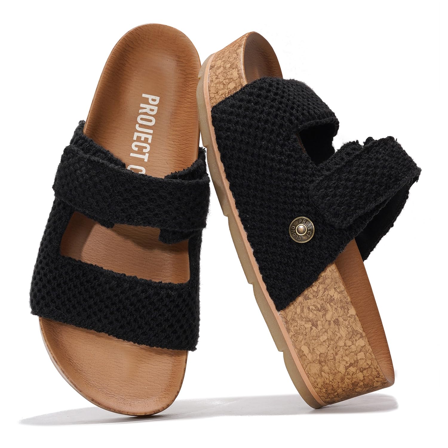 Project Cloud Prime Black Platform Sandals with Knitted Upper and Cork Platform, Memory Foam Technology, Non-Slip Sole