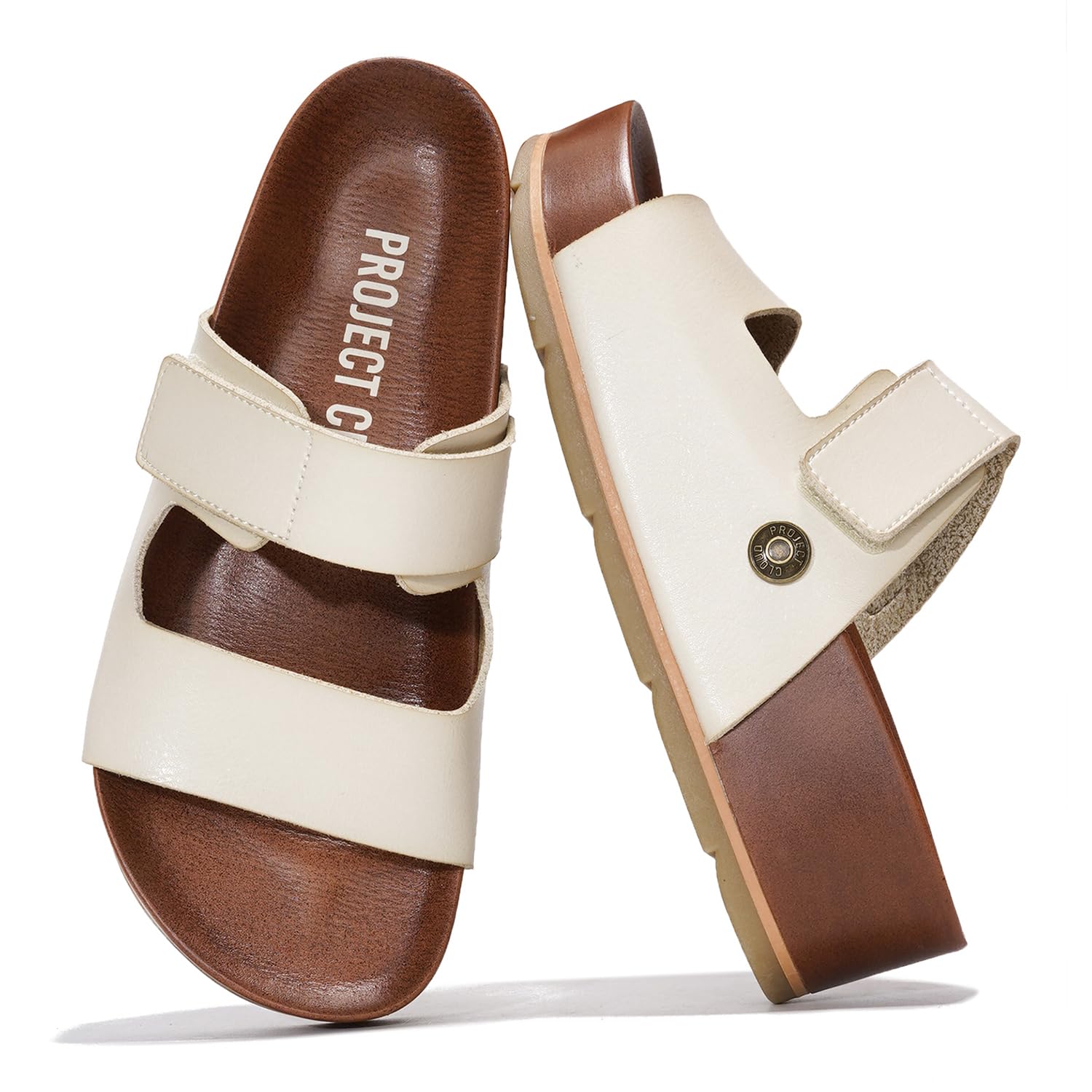 Project Cloud Prime Beige Leather Sandals with Adjustable Straps and Cork Platform