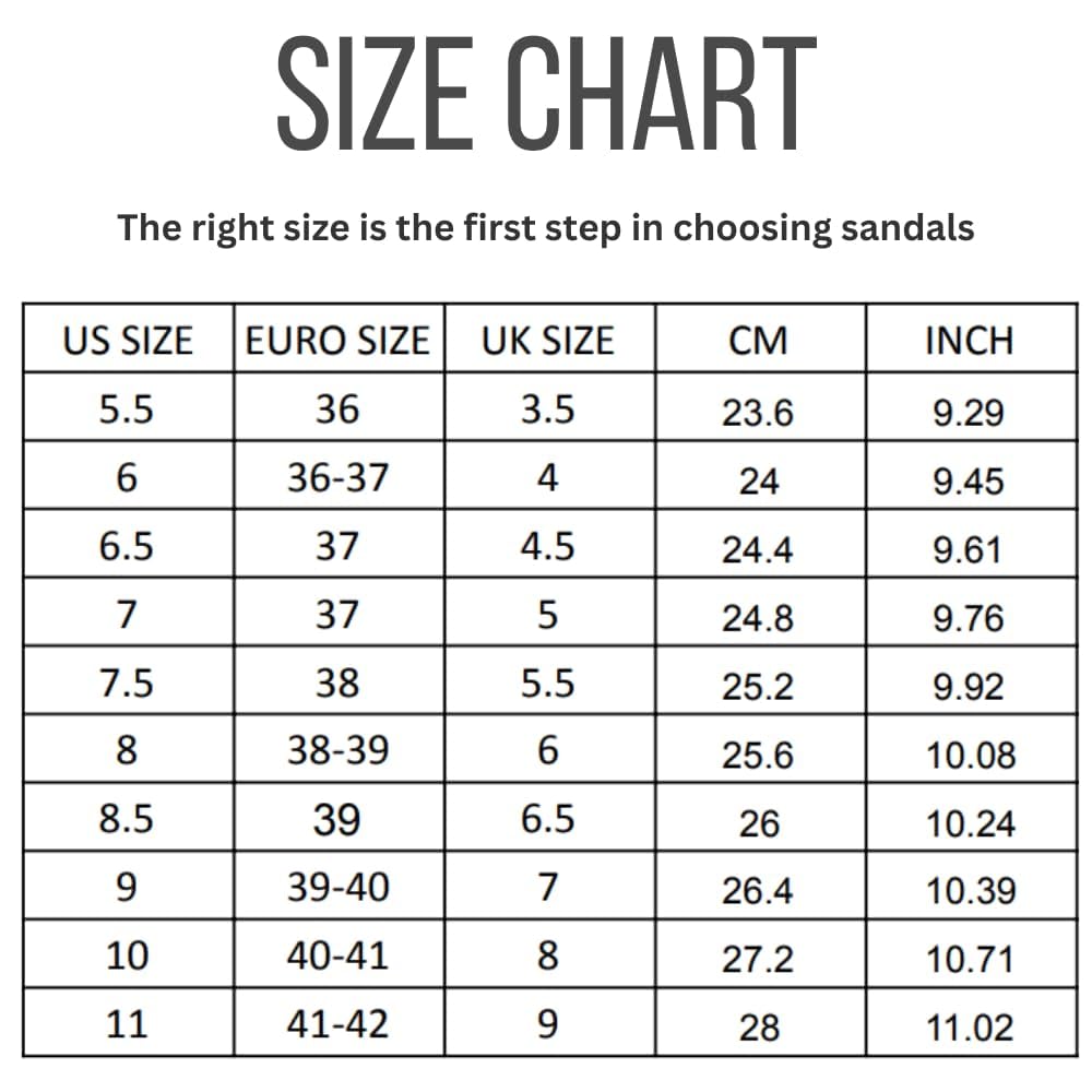 Project Cloud sandals size chart, showing US, Euro, UK sizes, centimeters, and inches for sandal sizing guide.