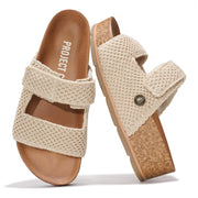 Project Cloud Prime Beige Sandals with Knitted Upper, Cork Platform, Memory Foam, and logo.