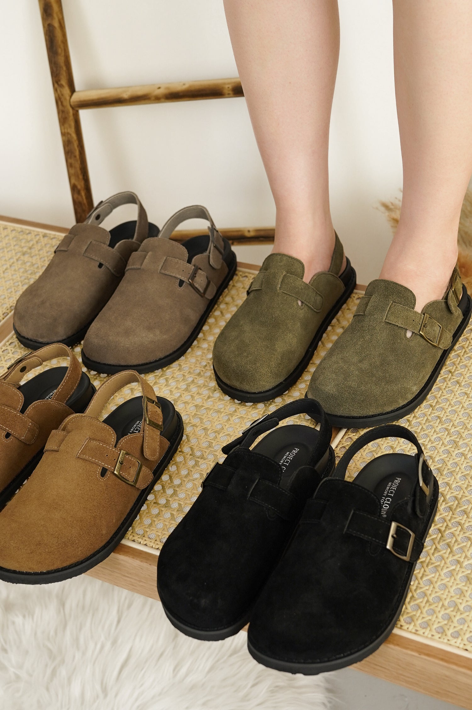 Project Cloud Cassey clogs: brown, olive, tan, black suede, buckle strap, memory foam for women