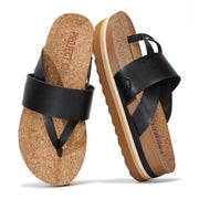 Project Cloud "Raft" black eco-leather wedge sandals with cork footbed and anti-slip sole.