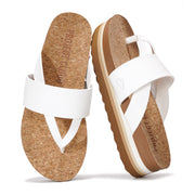 Project Cloud "Raft" white eco-leather wedge sandals with cork footbed and anti-slip sole.