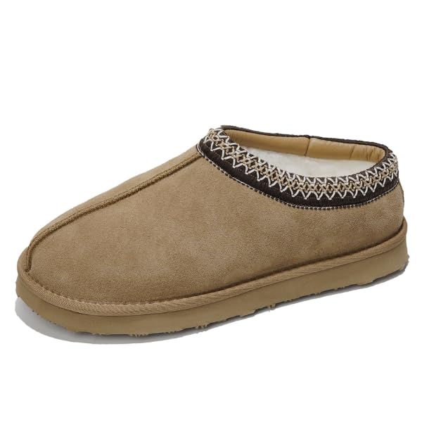 Brown suede Australian sheepskin men's slipper with memory foam, non-slip sole, and decorative trim.