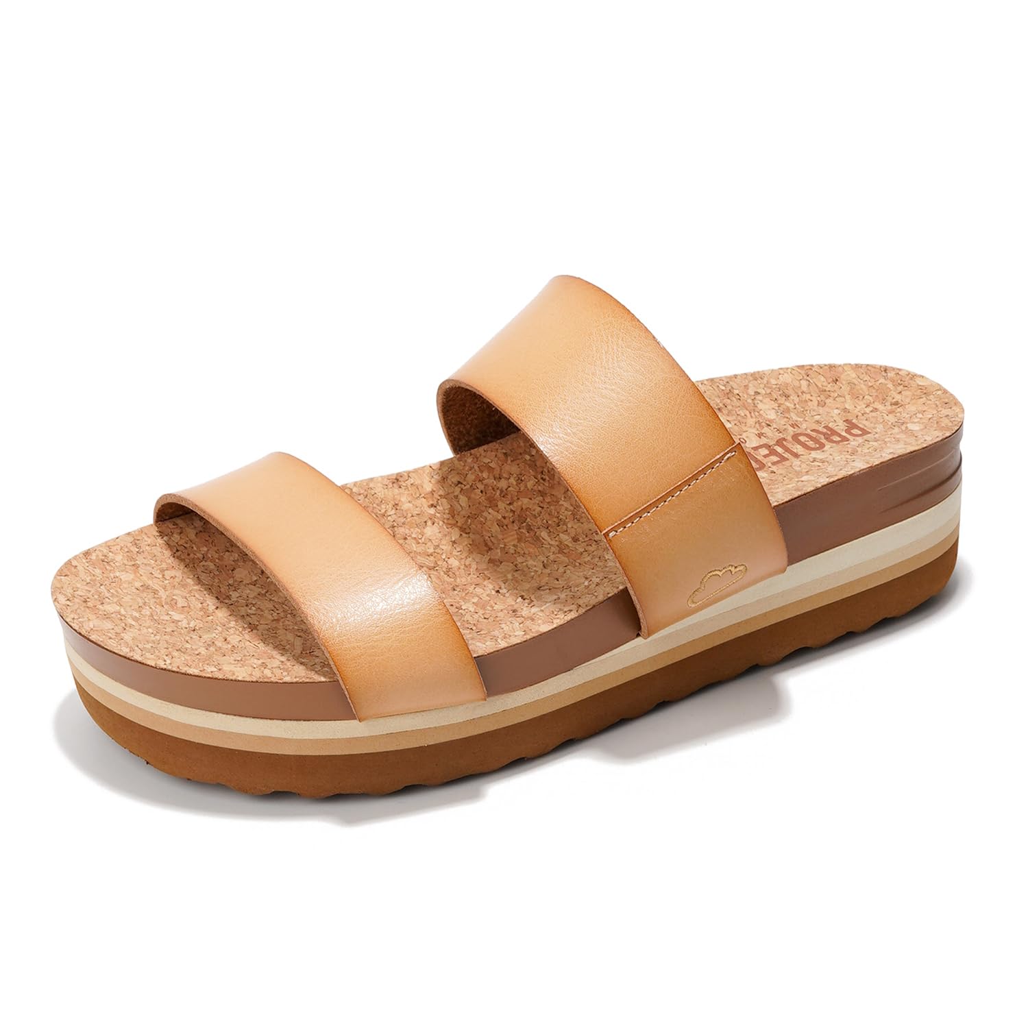 Project Cloud Riptide vegan leather sandals in beige with platform sole and cork footbed, featuring Project Cloud logo