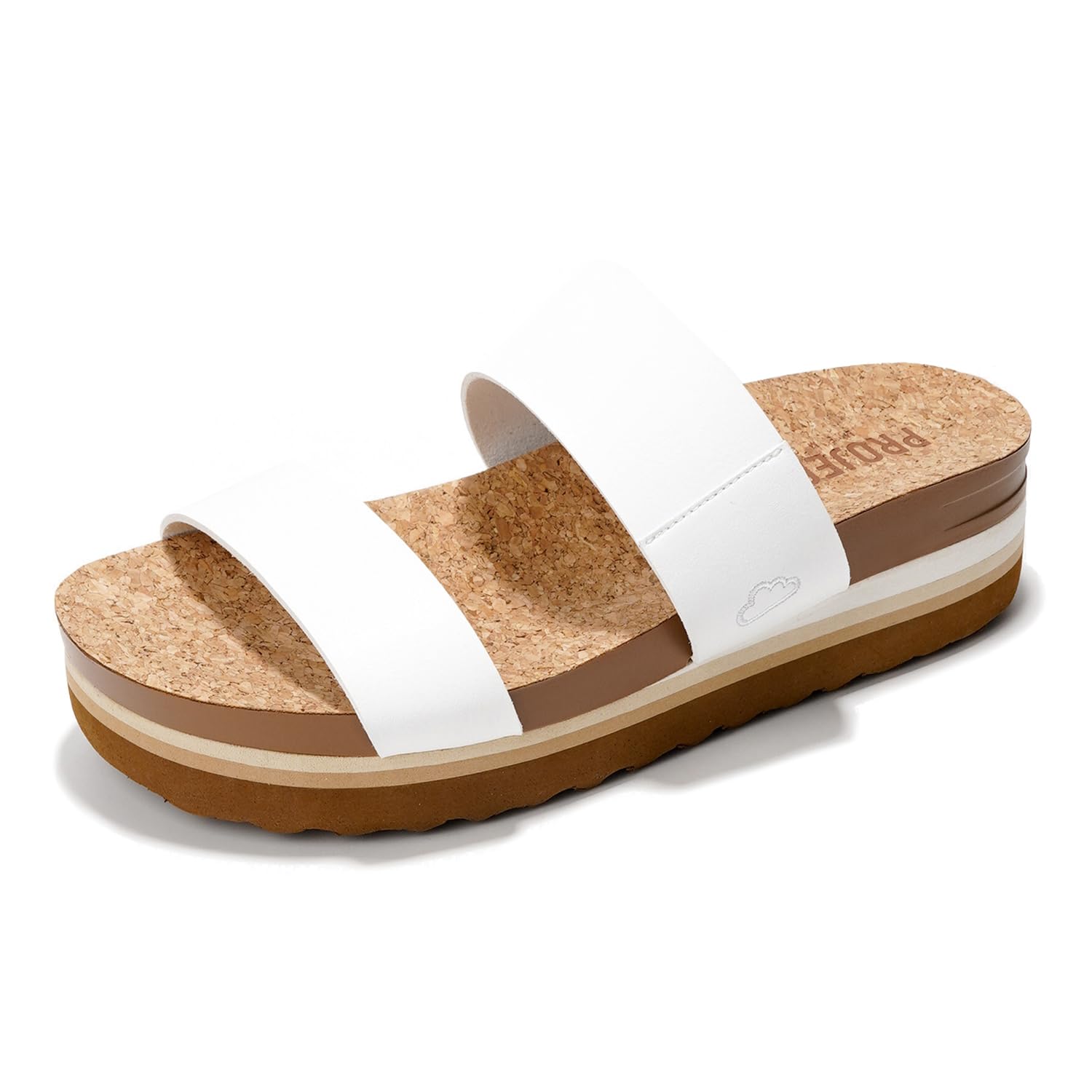 Project Cloud Riptide white vegan leather sandals with cork footbed and platform sole.