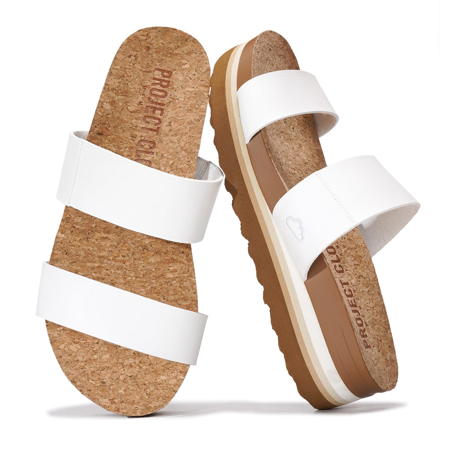 Project Cloud Riptide white vegan wedge sandals with cork footbed and platform sole.