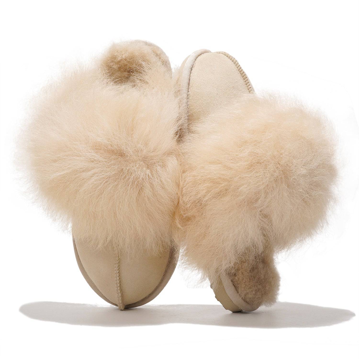 Ryann Women's Sheepskin Scuff Slippers in cream suede with fluffy shearling trim, Australian slides