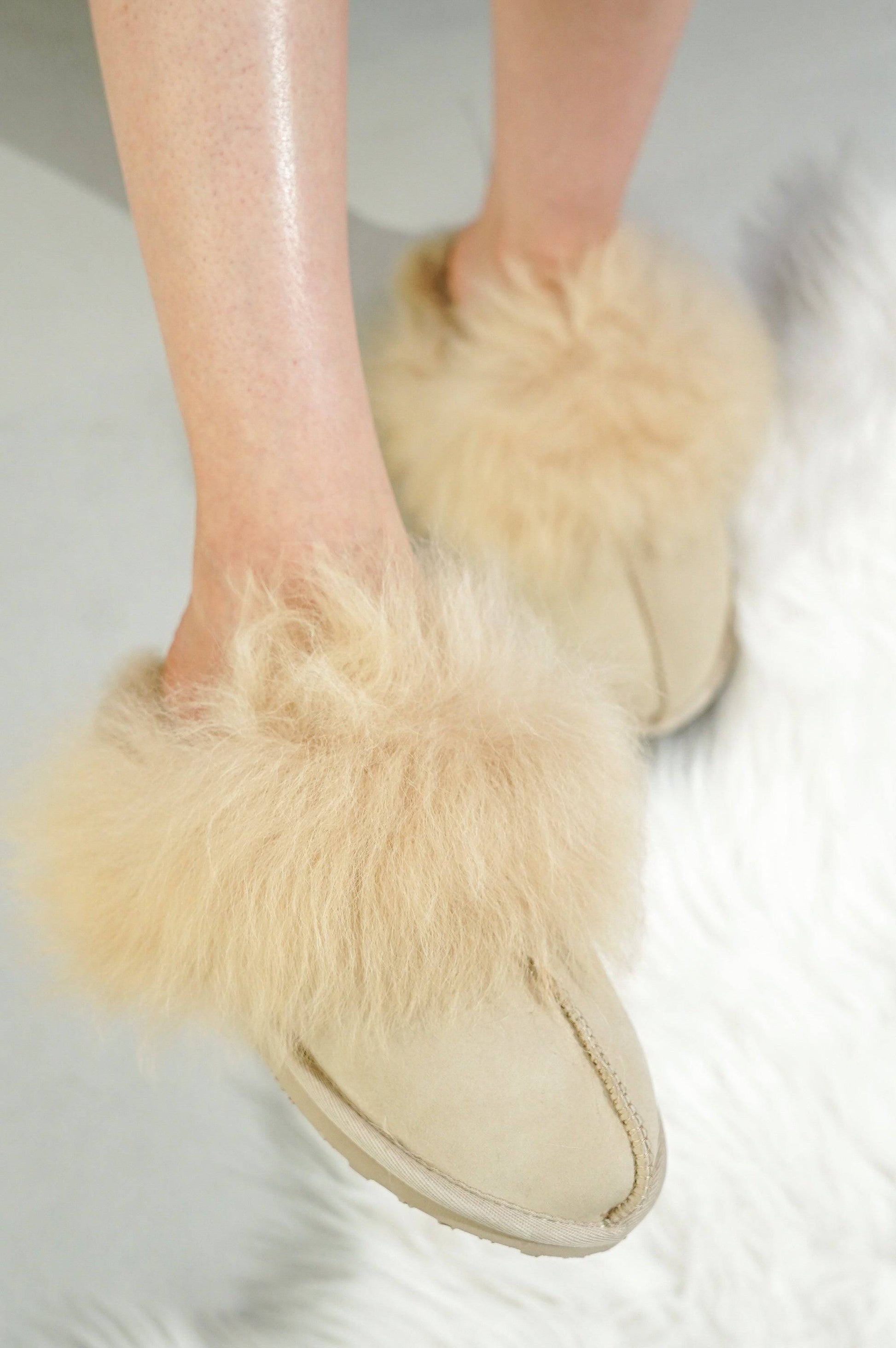 Ryann Women's Sheepskin Slippers, beige suede with luxurious shearling trim, cozy and stylish footwear for home.