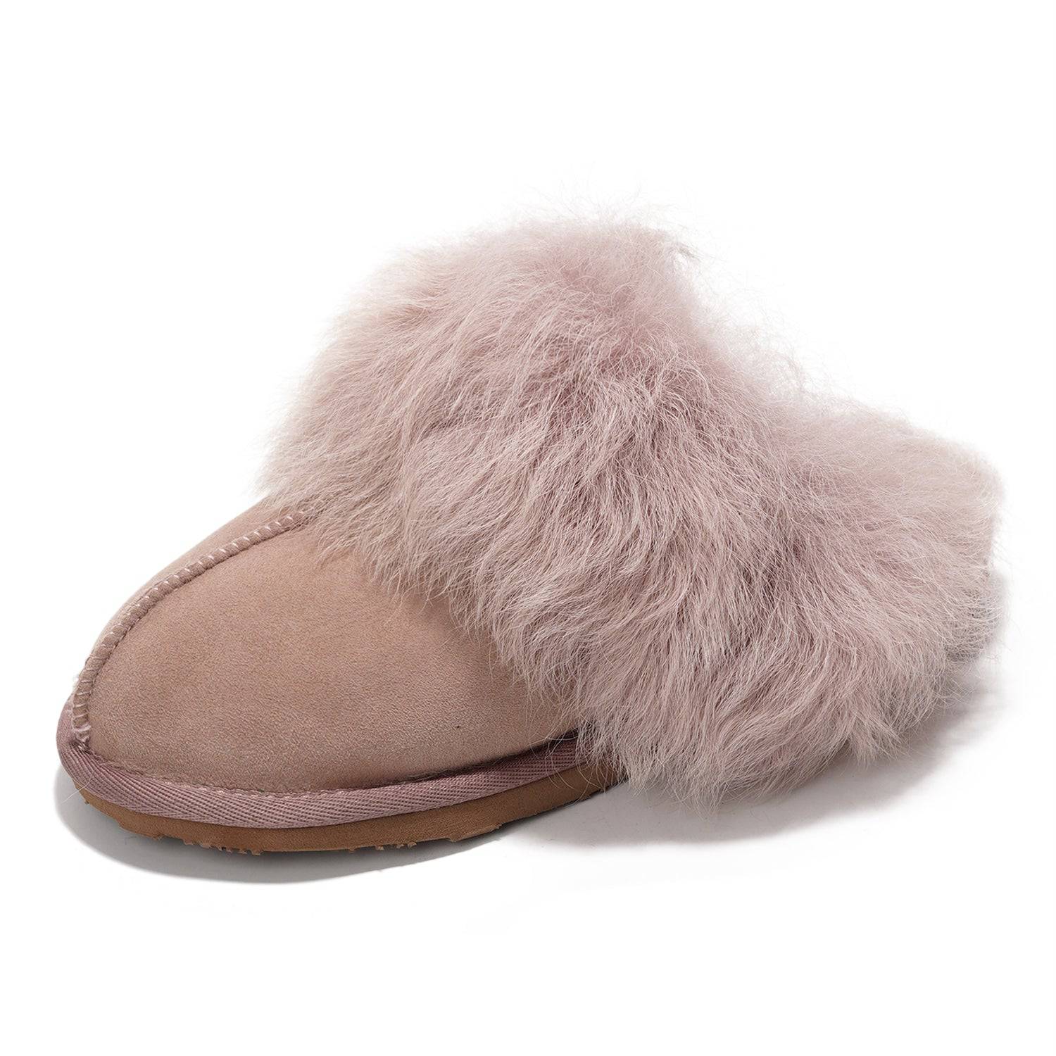 Ryann Women's Sheepskin Scuff Slippers in blush suede with fluffy shearling trim, Australian slides