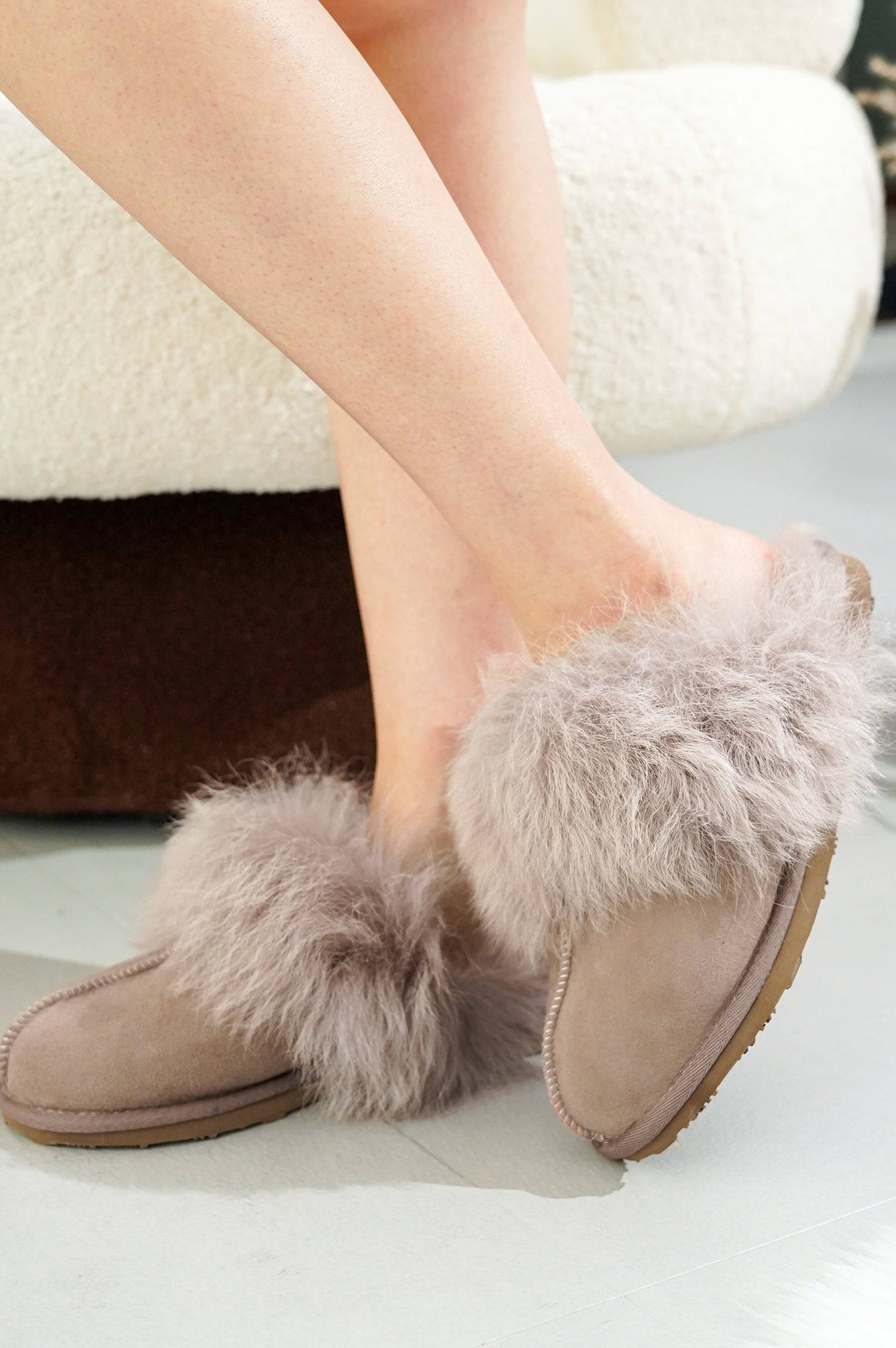 Blush suede Ryann sheepskin slippers with fluffy shearling trim, Australian slides, cozy comfort.