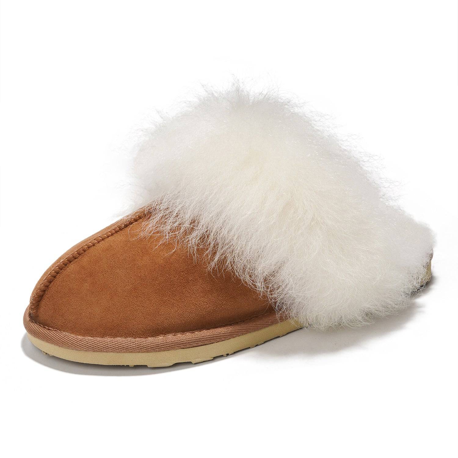 Ryann Women's Sheepskin Scuff Slippers in brown suede with white shearling lining