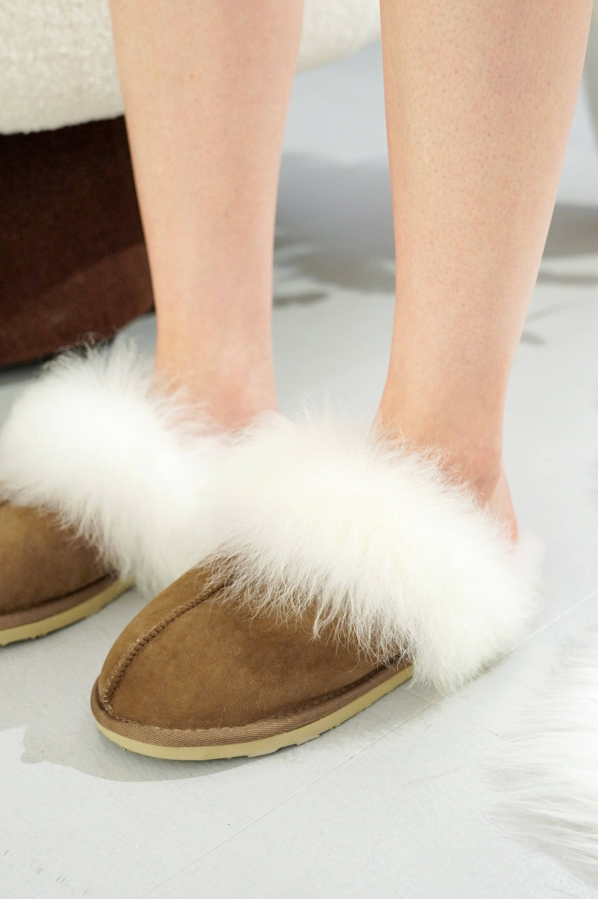 Ryann Women's Sheepskin Scuff Slippers in brown suede with white shearling trim, Australian slides