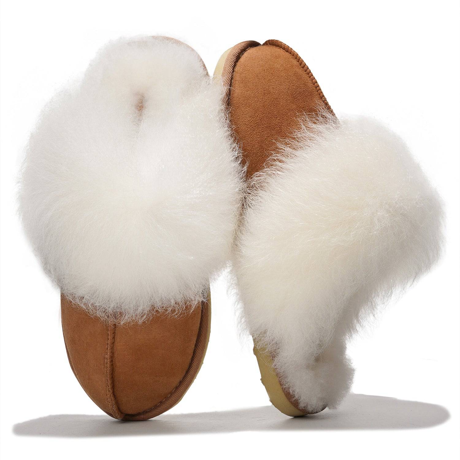 Ryann Women's Australian Sheepskin Scuff Slippers, brown suede with white shearling lining