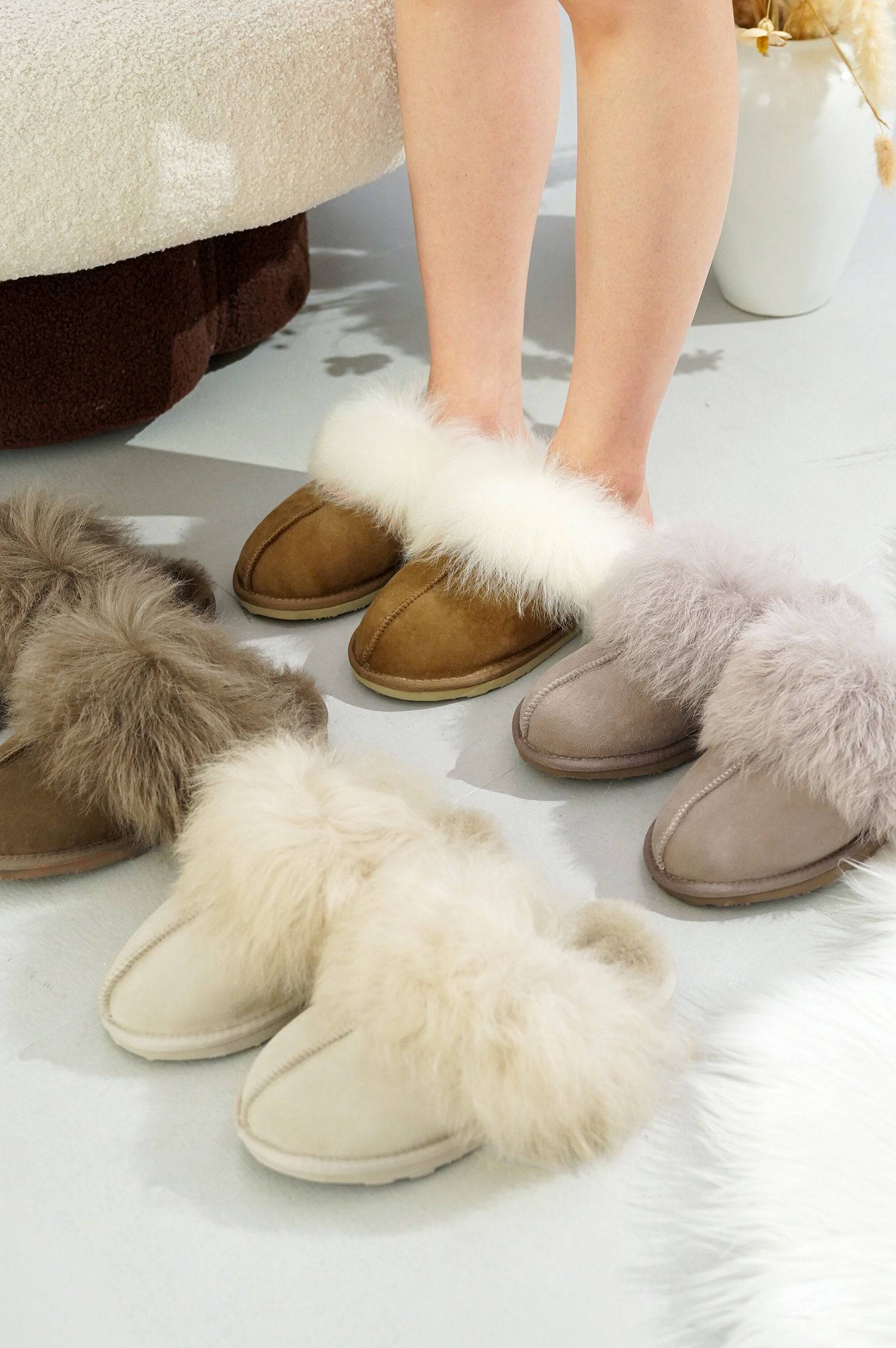 Ryann Women's sheepskin slippers, featuring shearling lining, Australian slides for home comfort.