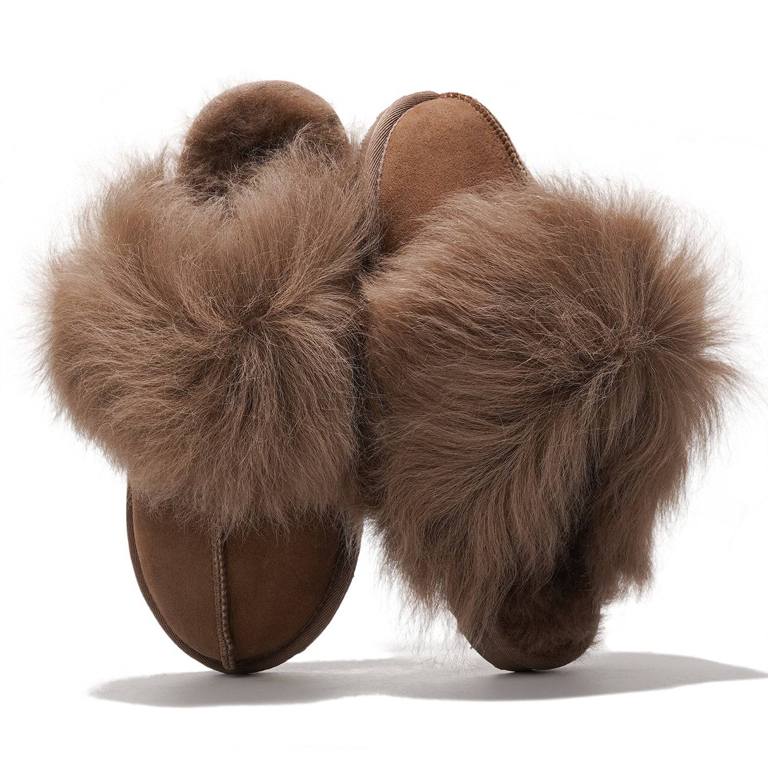 Ryann Women's brown suede scuff slippers with fluffy shearling trim, Australian sheepskin slides for women