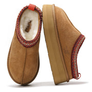 Brown suede Sayre platform slippers for women with faux fur lining and memory foam, Project Cloud.