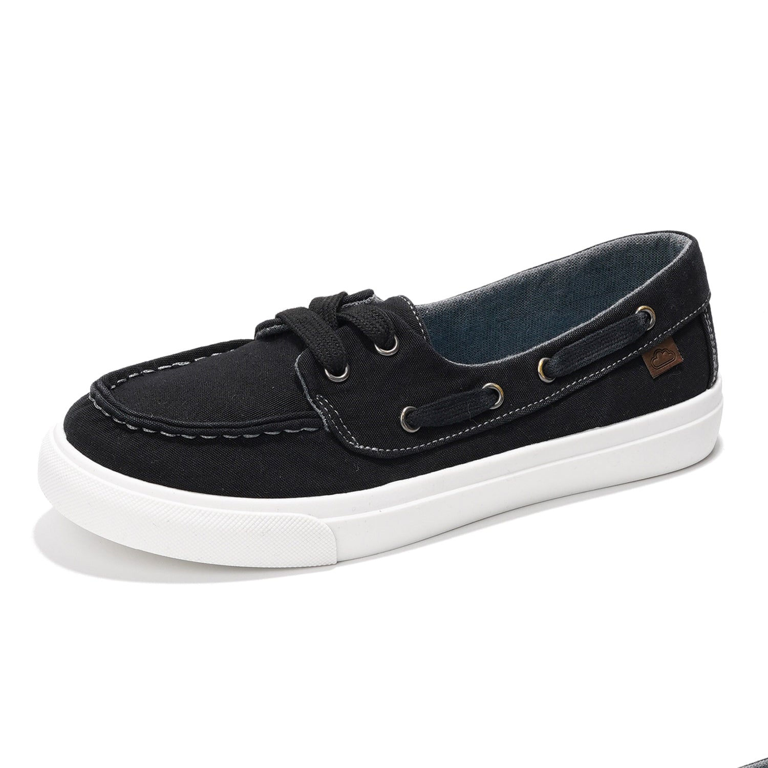 Project Cloud Seasalt women's black boat shoes, canvas upper, white sole, memory foam.