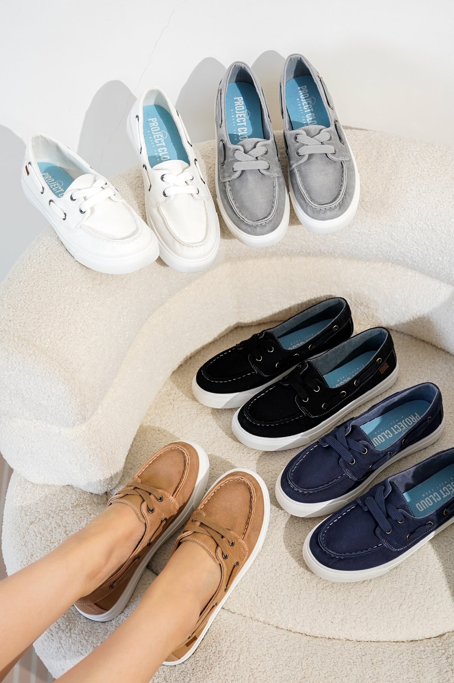 Project Cloud Seasalt women's boat shoes in various colors. Canvas upper, memory foam insole.