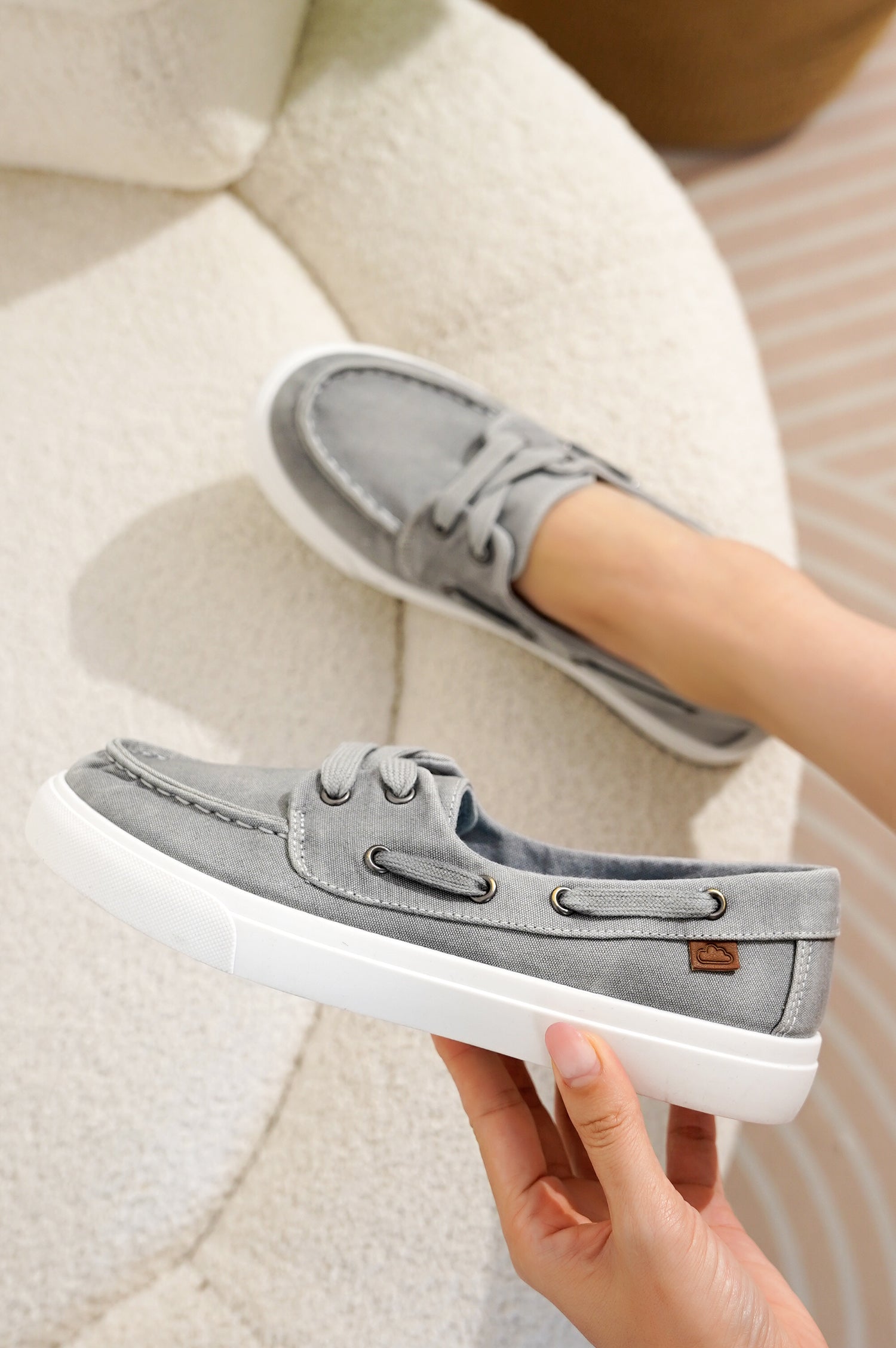 Project Cloud Seasalt Grey Canvas Boat Shoes, featuring memory foam, and anti-slip sole.