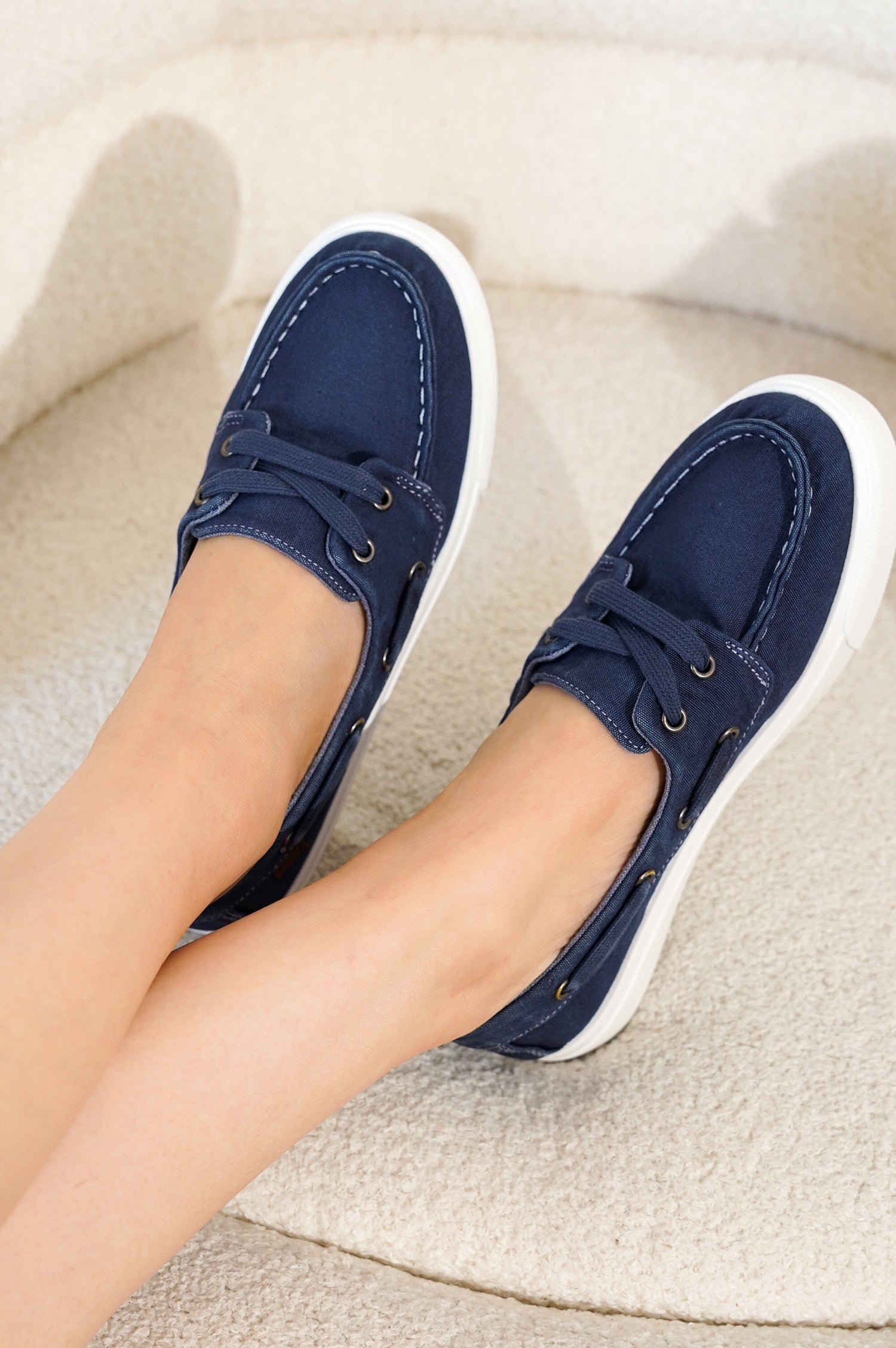 Project Cloud navy boat shoes: canvas upper, white sole, memory foam and anti-slip outsole for women