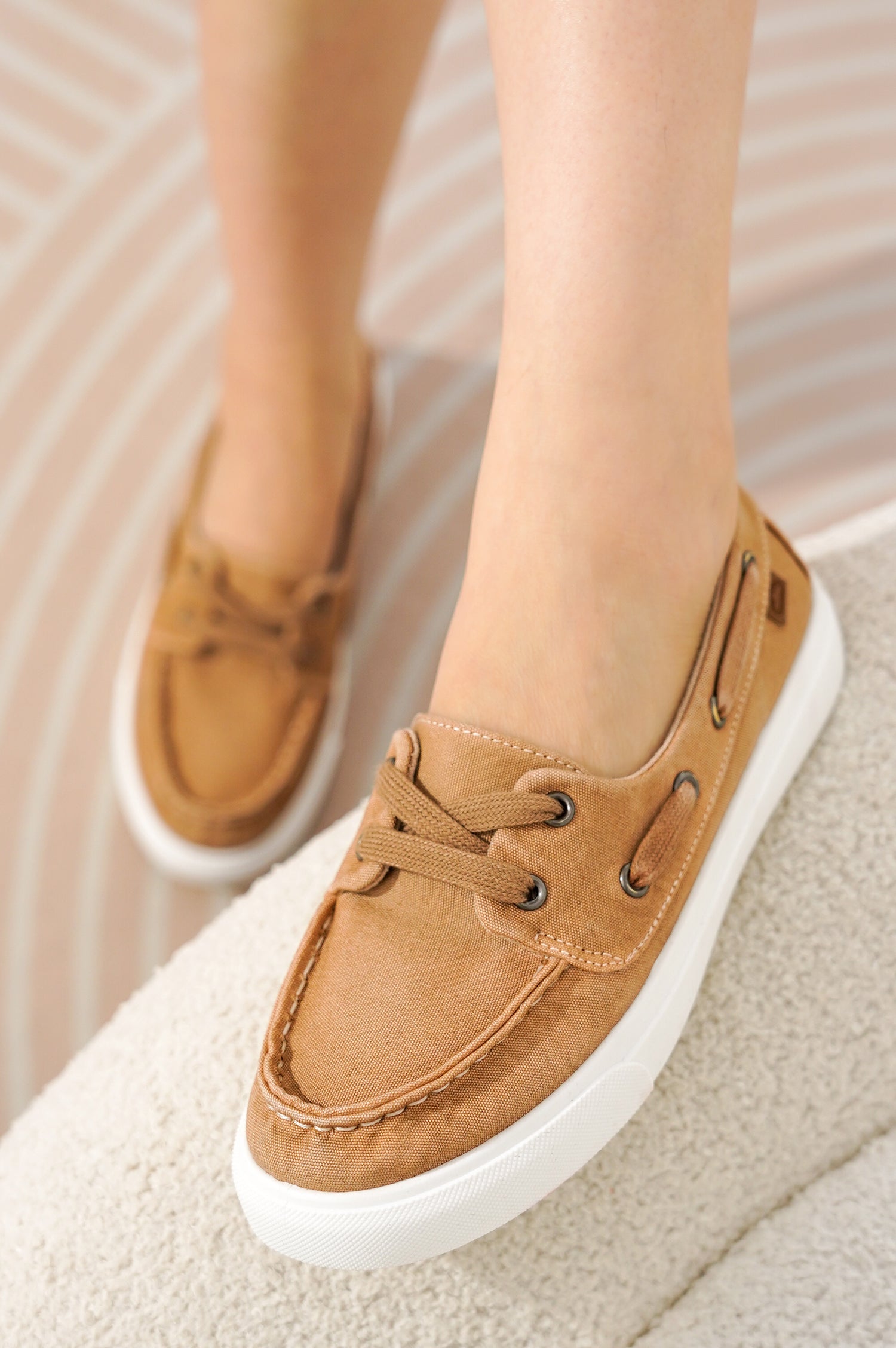 Project Cloud Seasalt women's boat shoes in tan canvas. White sole, breathable canvas, memory foam, anti-slip outsole.