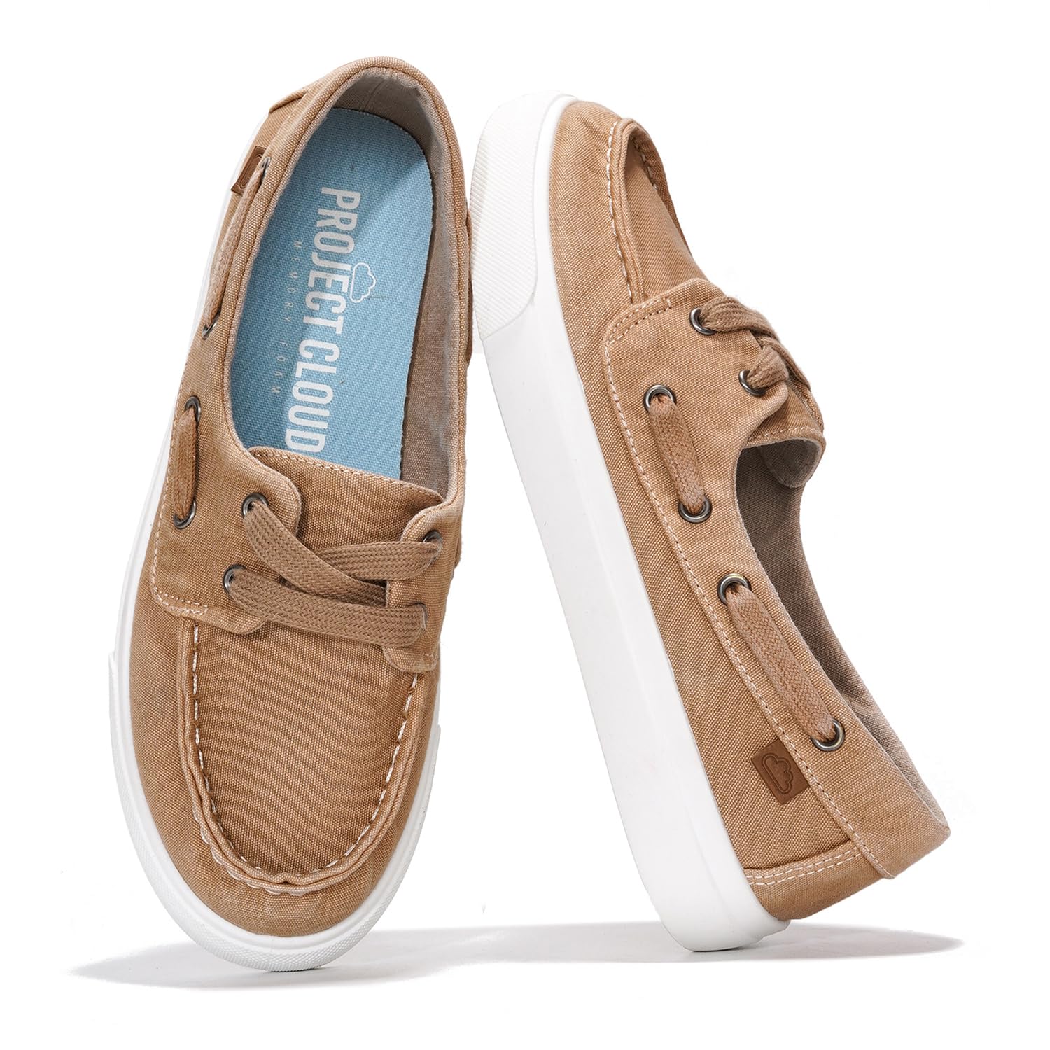 Project Cloud Seasalt women's boat shoes in light brown canvas with white sole, featuring memory foam insoles for comfort.