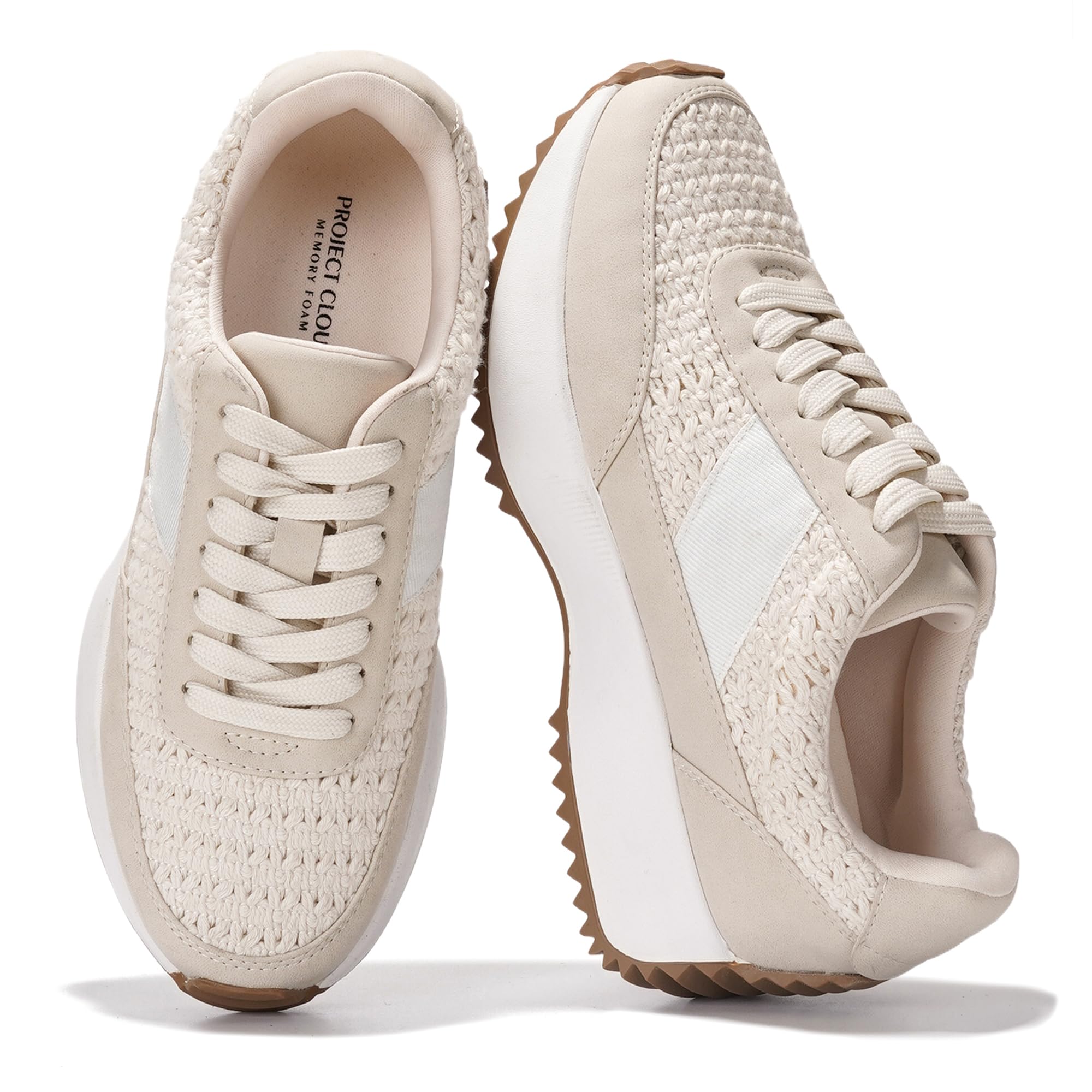 Project Cloud Serena women's sneakers with memory foam insoles, lace-up design, and non-slip rubber sole in cream.